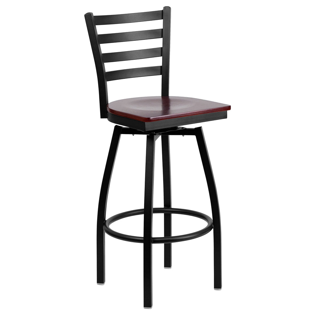 Flash Furniture HERCULES Series Black Ladder Back Swivel Metal Barstool - Mahogany Wood Seat