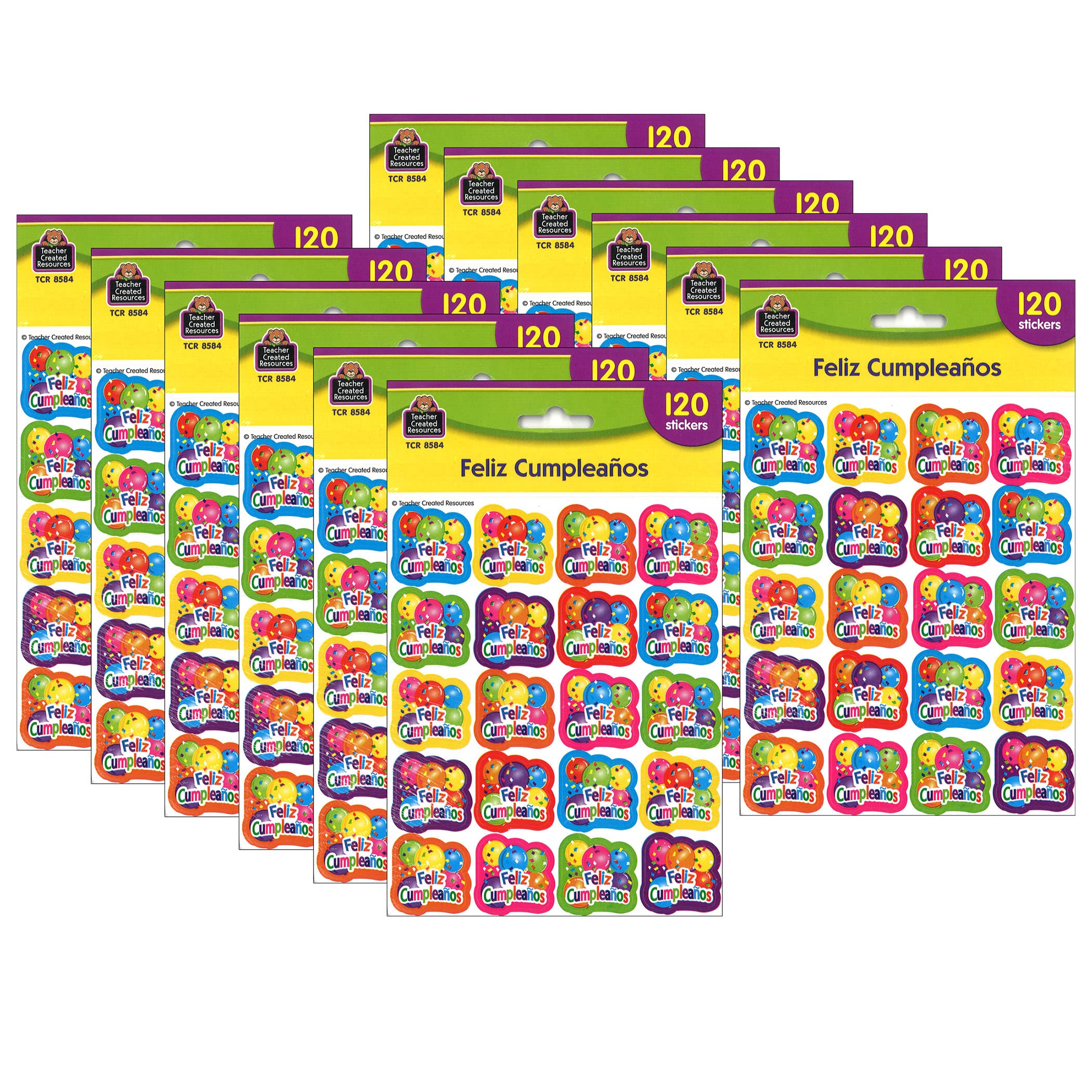 Teacher Created Resources Feliz Cumpleanos Stickers, 120 Per Pack, 12 Packs