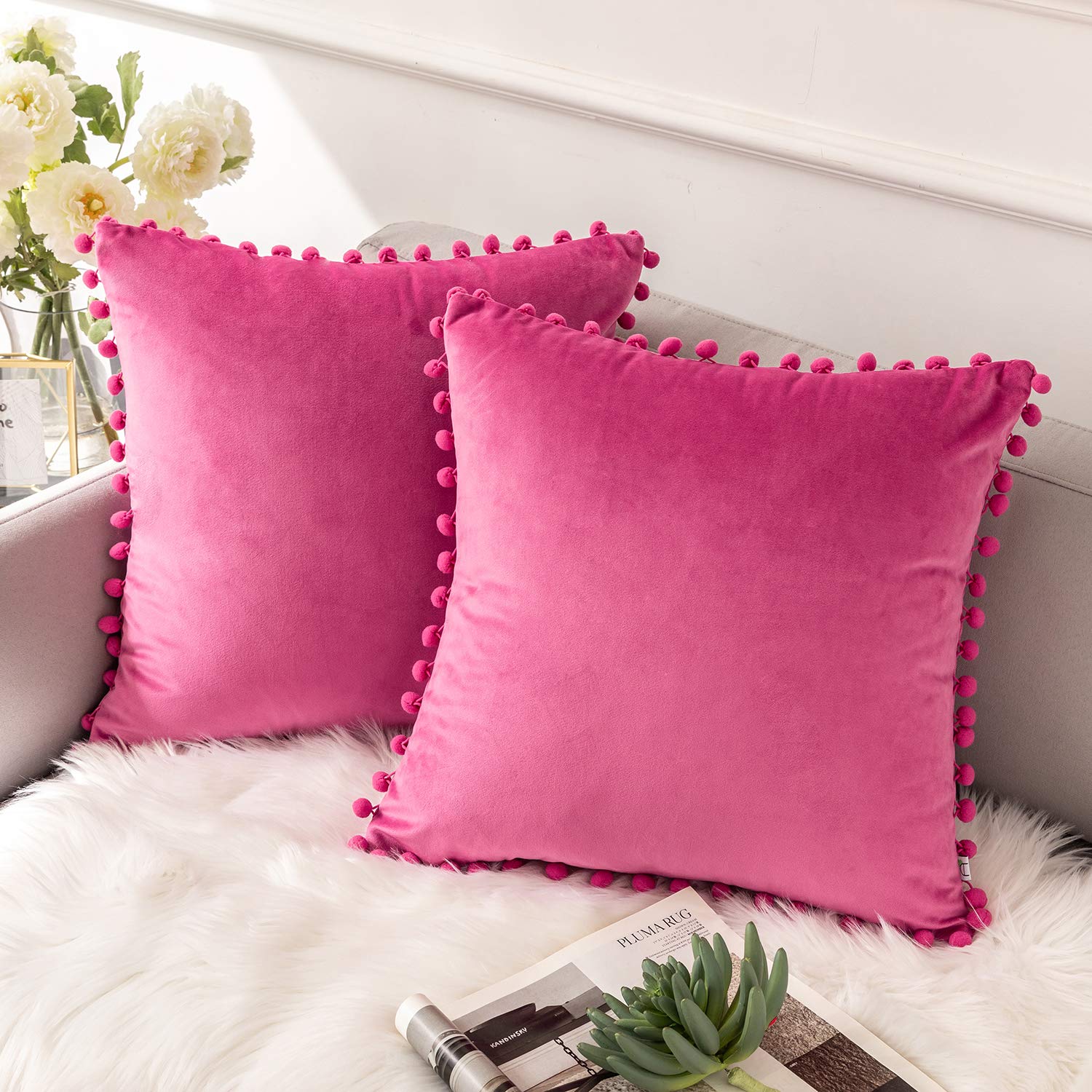 Ashler Home Deco Throw Pillow Covers With Pom Poms Soft Particles Velvet Solid Cushion Covers 18 X 18 For Couch Bedroom Car, Pac