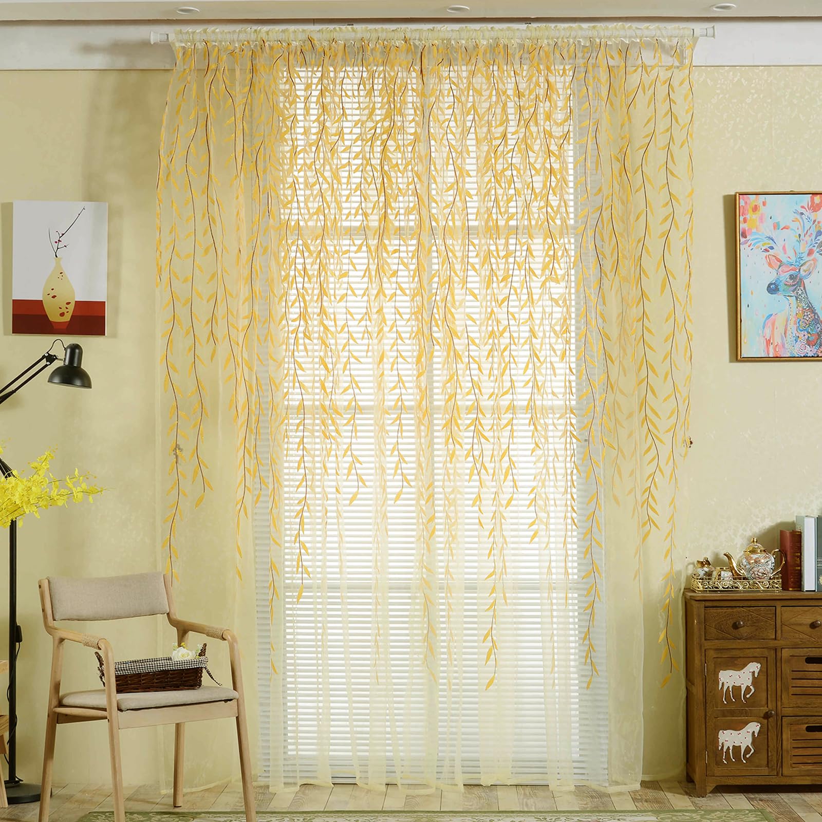 Ufurty 2 Pieces Willow Leaf Window Curtain Voile Tulle Room Salix Leaf Sheer Vine Curtain Voile Panel Drapes Curtain Yellow Will