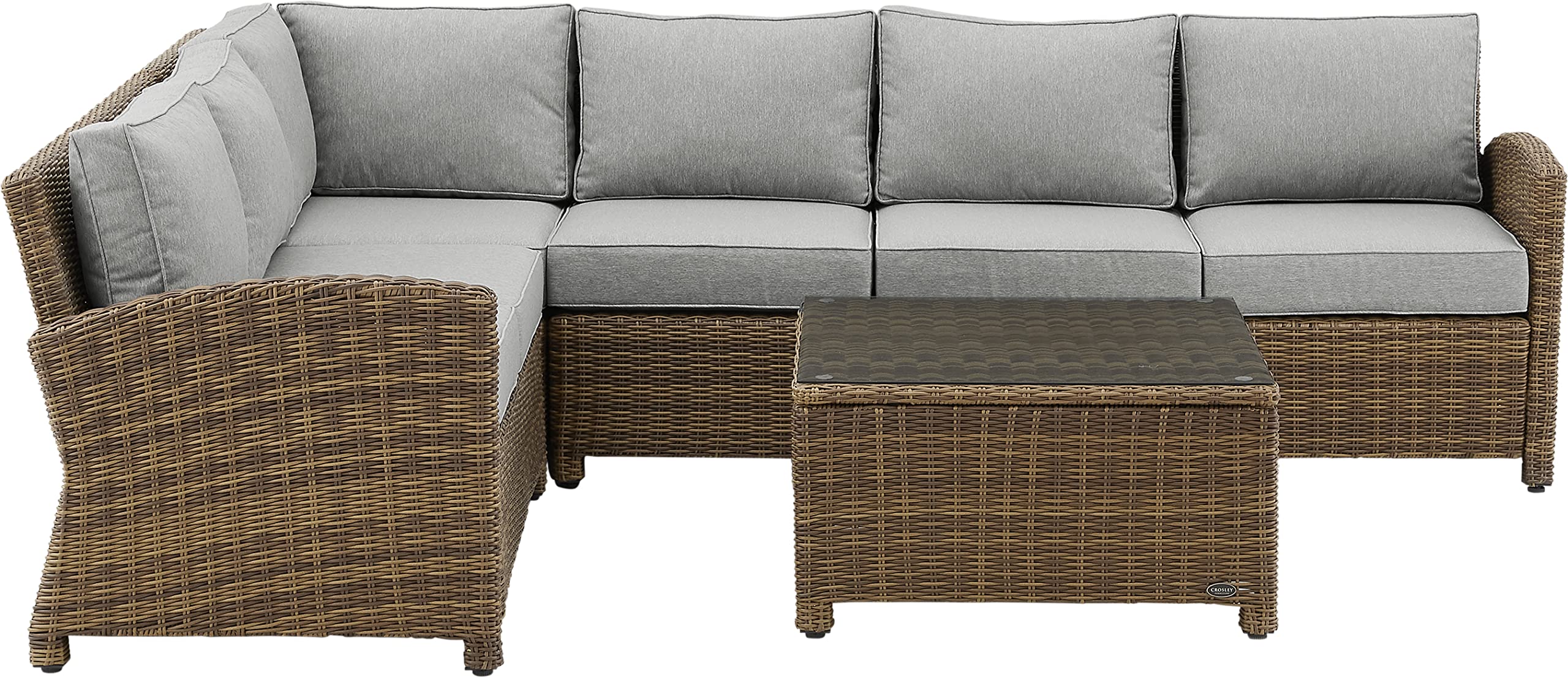 Crosley Furniture Bradenton 5-Piece Outdoor Sectional Sofa Wicker Conversation Patio Furniture Set for Deck, Brown with Gray Cushions