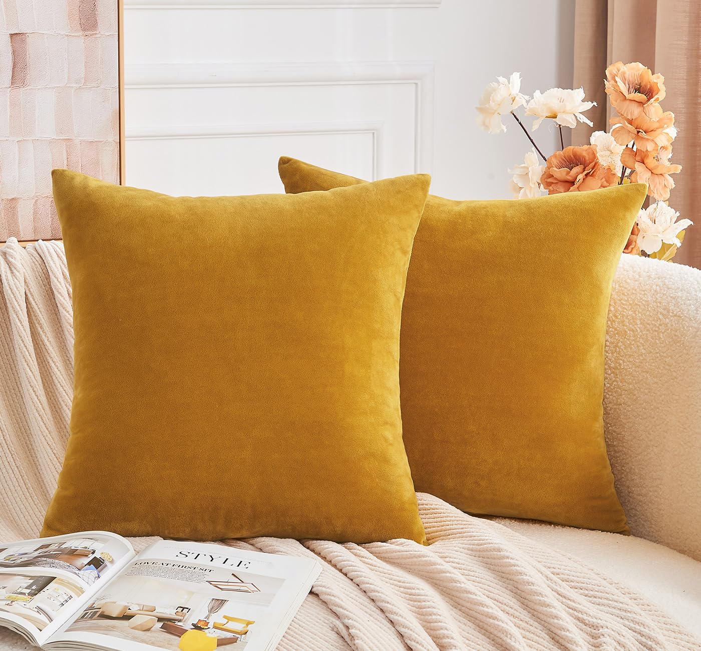 Grineed Throw Pillow Covers Mustard Yellow Set Of 2 16X16 Inch Fall Pillow Covers, Soft Velvet Farmhouse Neutral Decorative Pill