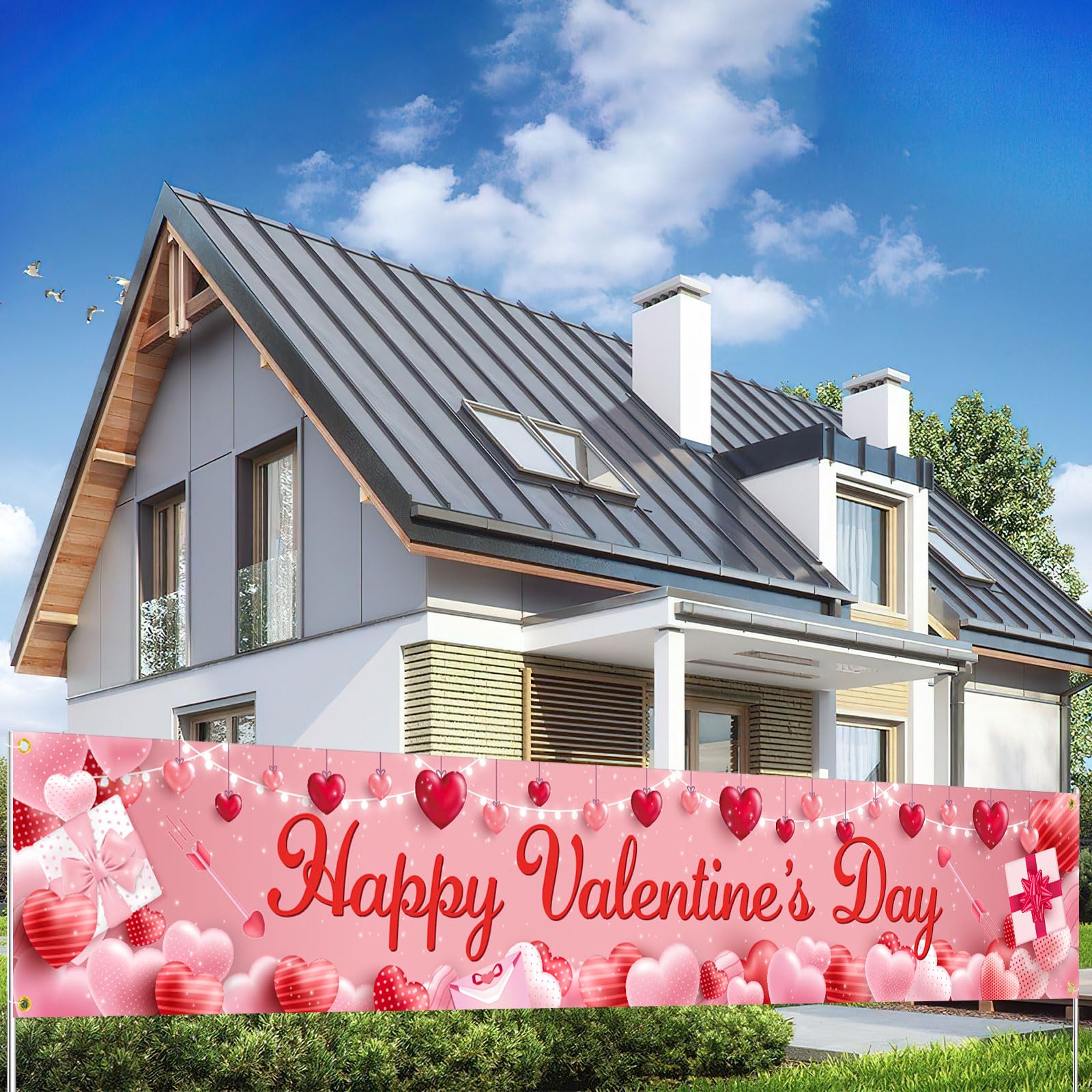 JUNEBRUSHS Extra Large Happy Valentine's Day Banner, 120x20 Inch Gallantine's Day Yard Banner for Gallantine's Day Party Decorat