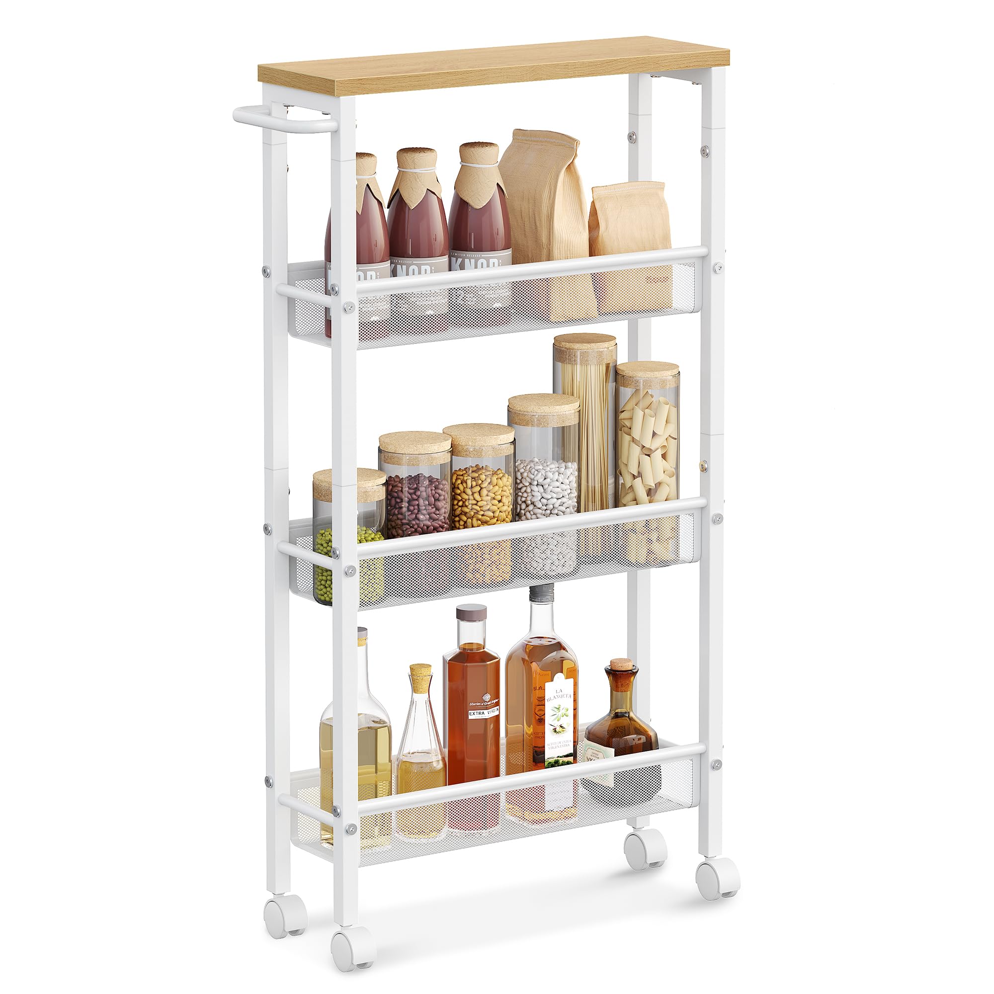 Vasagle Slim Rolling Cart, 4-Tier Storage Cart, Narrow Cart With Handle, 5.1 Inches Deep, Metal Frame, For Kitchen, Dining Room, Living Room, Home Office, Oak Beige And Classic White Ulrc032W09