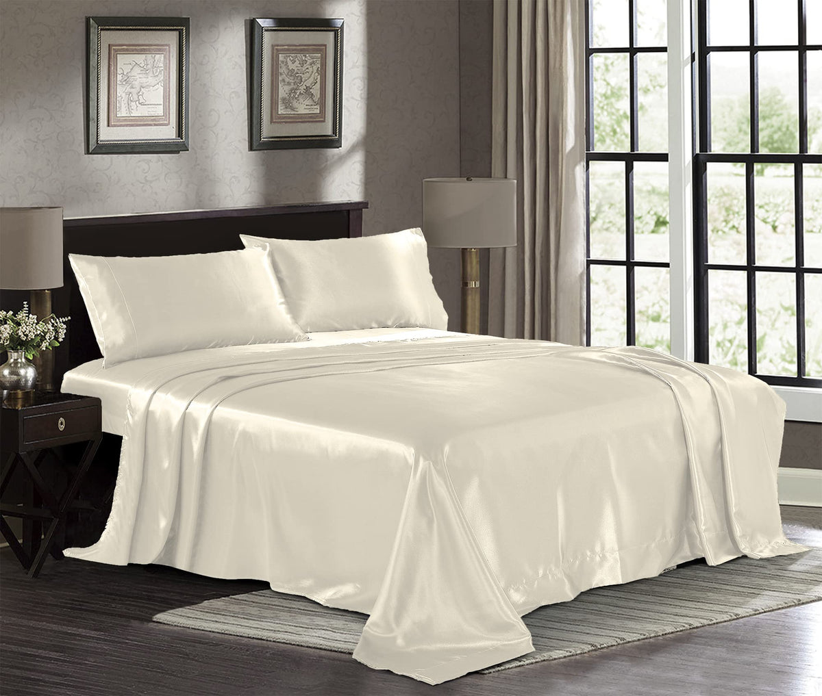 Satin Sheets King [4-Piece, Ivory] Hotel Luxury Silky Bed Sheets - Extra Soft 1800 Microfiber Sheet Set, Wrinkle, Fade, Stain Re