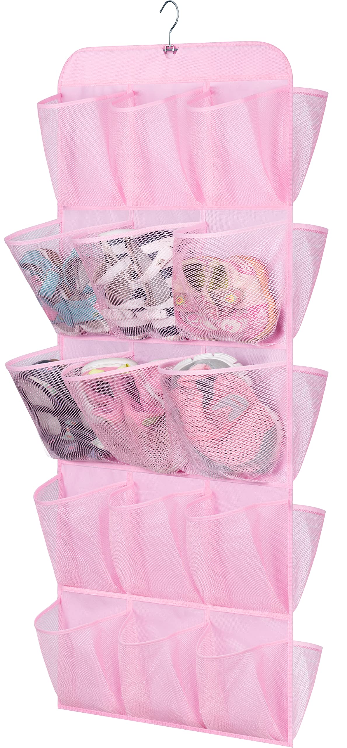 MISSLO 30 Large Pockets Dual Sided Hanging Shoe Organizer for Closet with Rotating Hanger Hanging Shoe Shelves, Pink