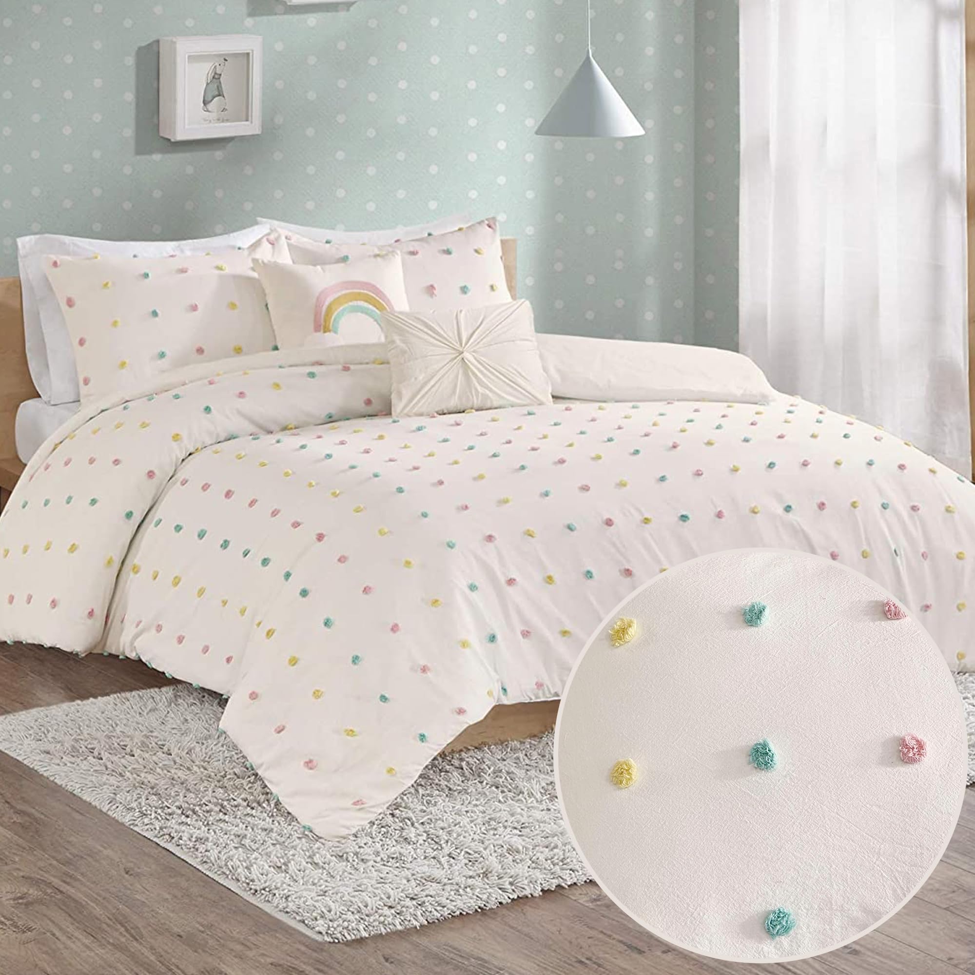 Urban Habitat Kids Callie Cotton Jacquard Weave Colorful Pom Pom Kids Comforter Sets, Down Alternative Shabby Chic All Season Gi