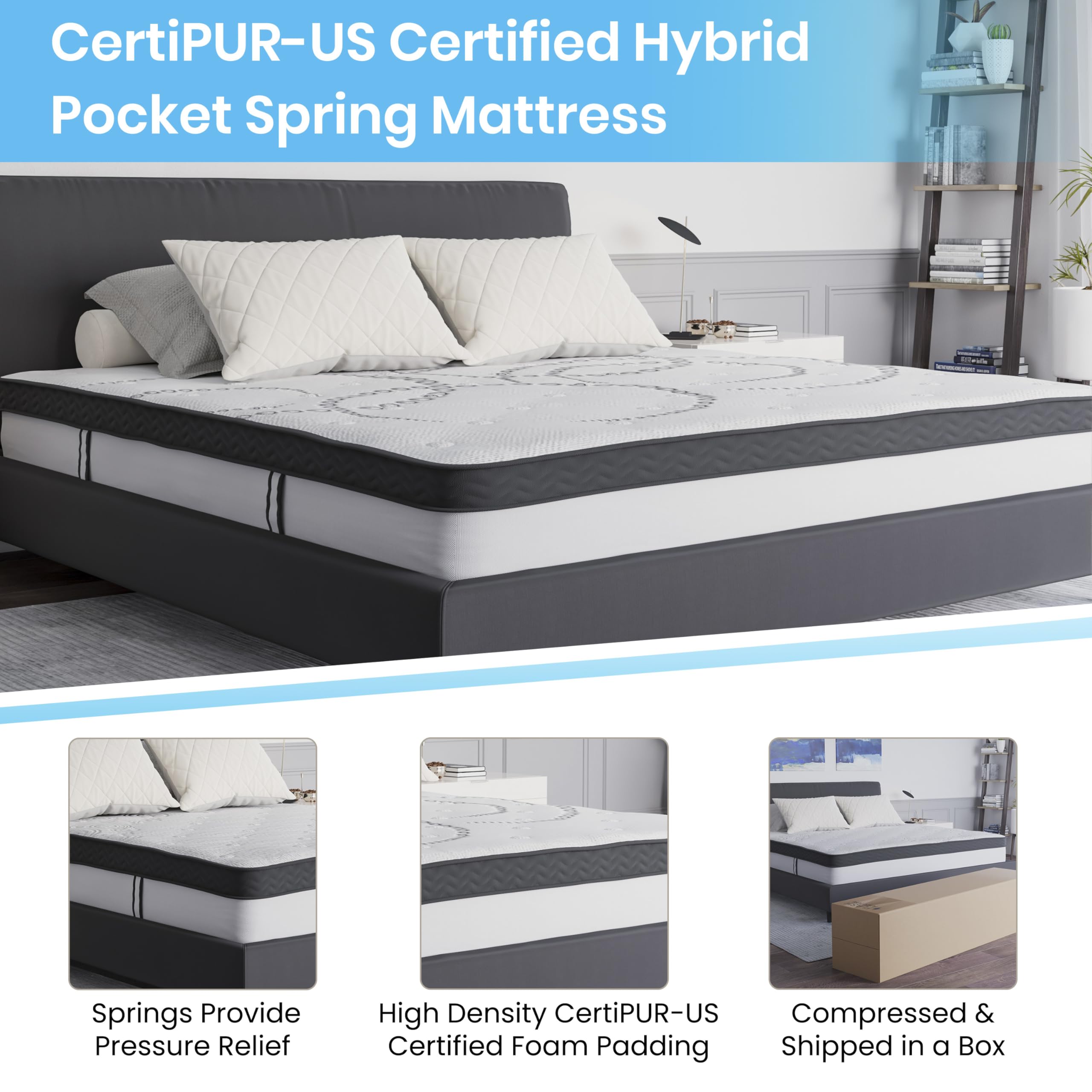 Flash Furniture Roxbury King Size Tufted Upholstered Platform Bed In Beige Fabric With 10 Inch Certipur-Us Certified Pocket Spring Mattress