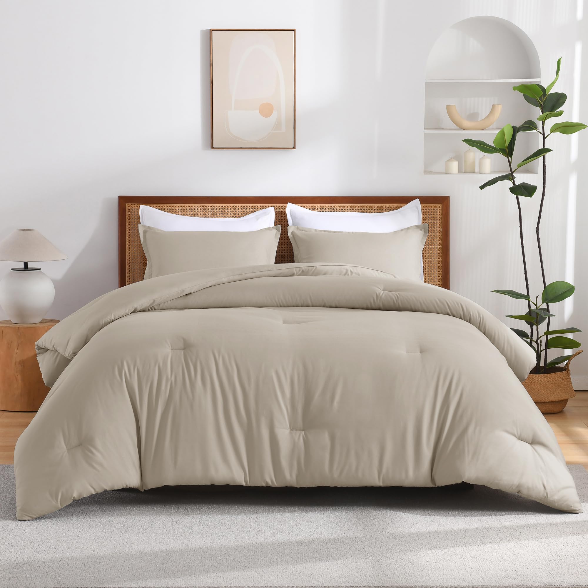 Andency Oatmeal King Size Comforter Set, Wheat Boho Lightweight Solid Bedding Set 3 Pieces, Fluffy Soft All Season Bed Set(104X90In Comforter & 2 Pillowcases)