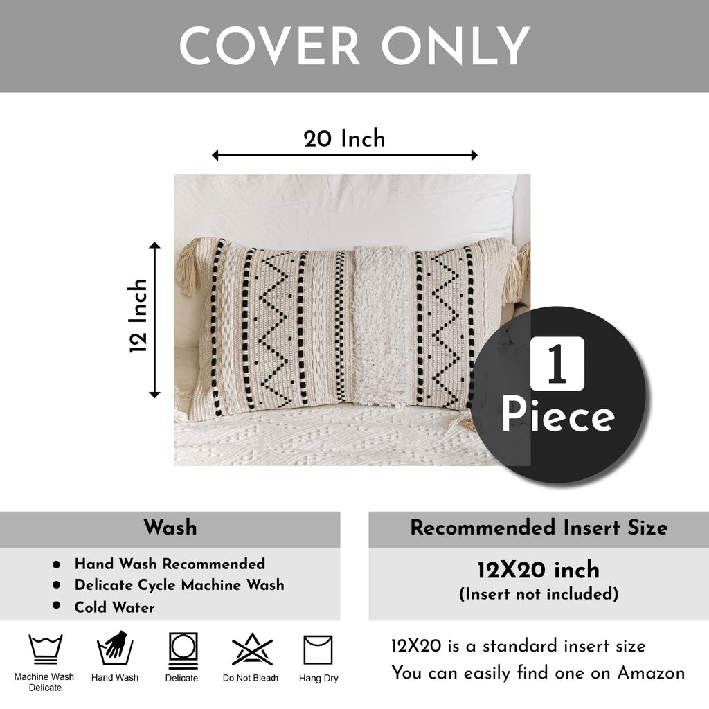 Blissblush Decorative Lumbar Throw Pillow Cover 12X20 Rectangular Boho Accent Pillowcase Black Neutral White Farmhouse Cushion F