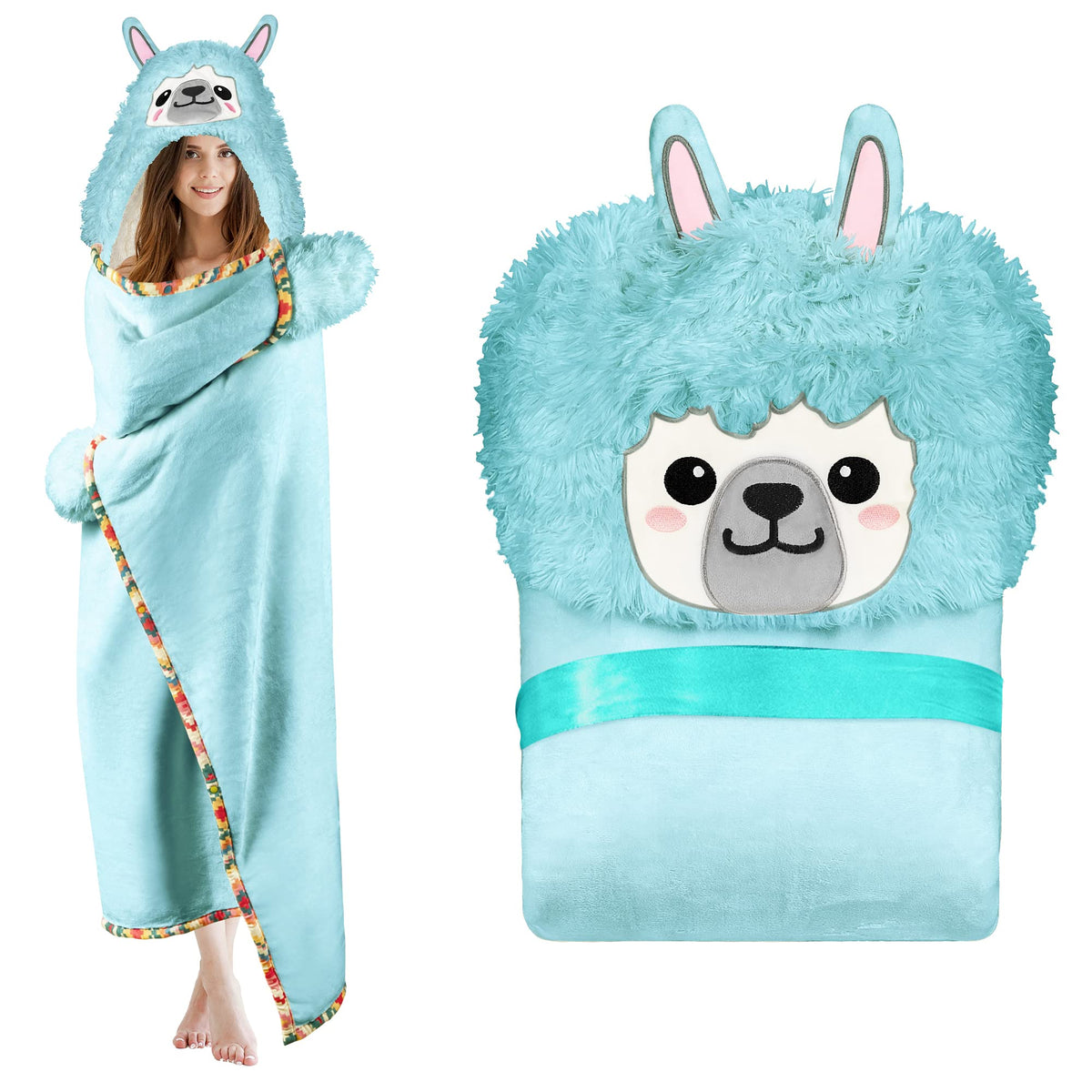 Llama Wearable Hooded Blanket For Adults - Super Soft Warm Cozy Plush Flannel Fleece Throw & Sherpa Hoodie Cloak Wrap - Llama Gi
