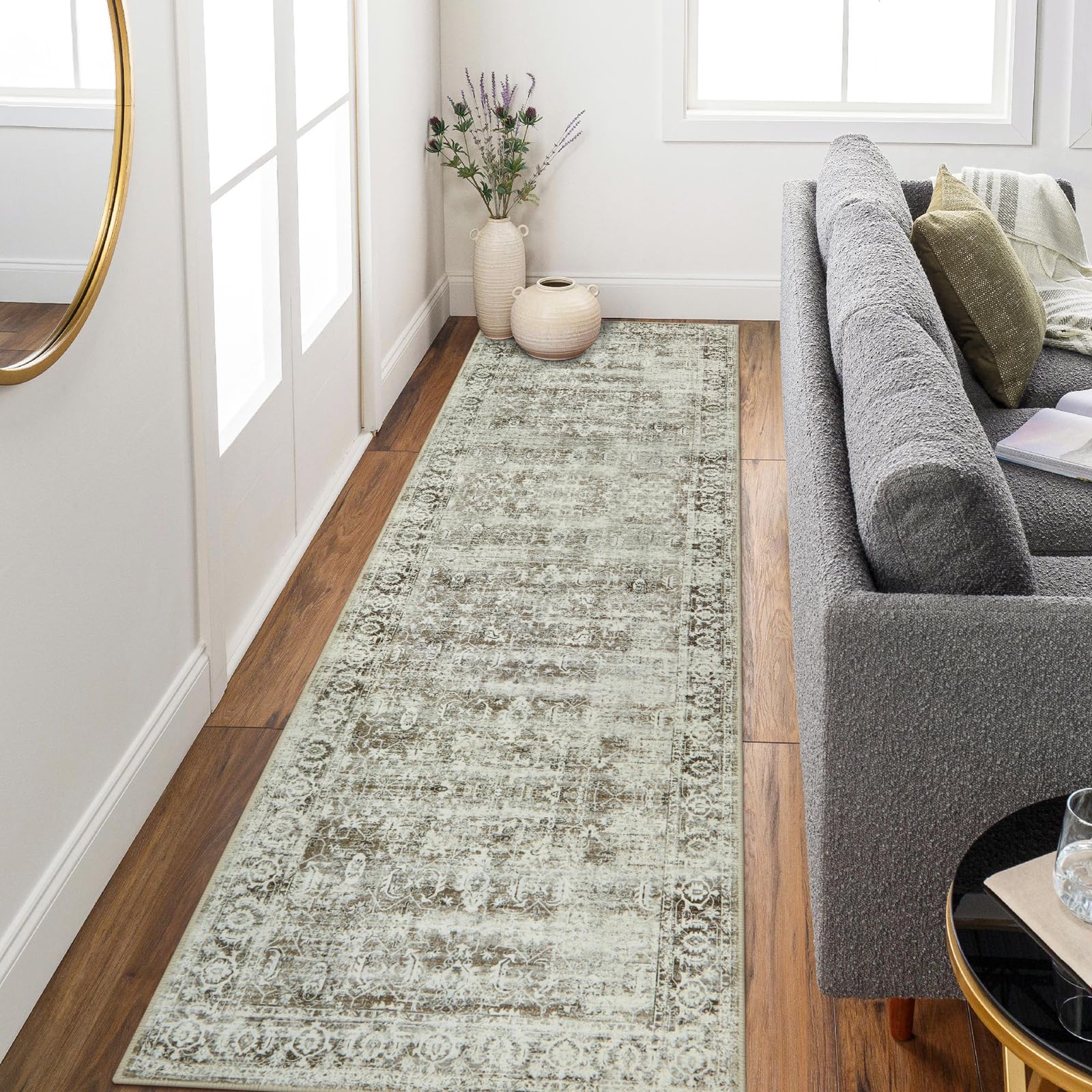 Morebes Vintage Long Bathroom Runner Rug, Washable Entryway Rugs Indoor Non Slip,Soft Distressed Doormat Indoor Entrance Throw R