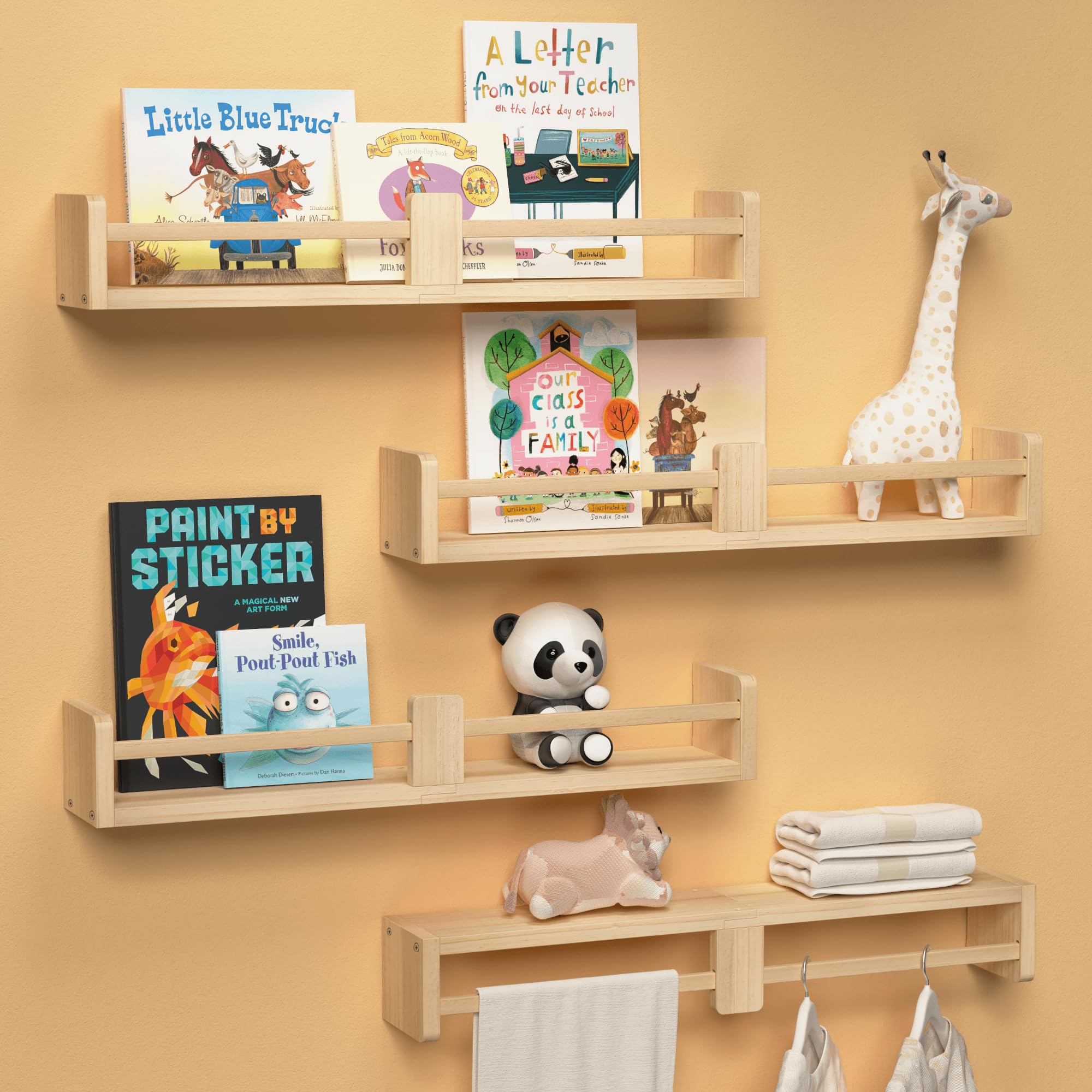 Boswillon 24 Inch Nursery Book Shelves, Floating Shelves Set Of 4, Wall Mounted Hanging Shelves For Kids Room Wall, White Wall Shelf, Baby Book Shelves For Kids Bedroom Decor Organizer - Natural Wood