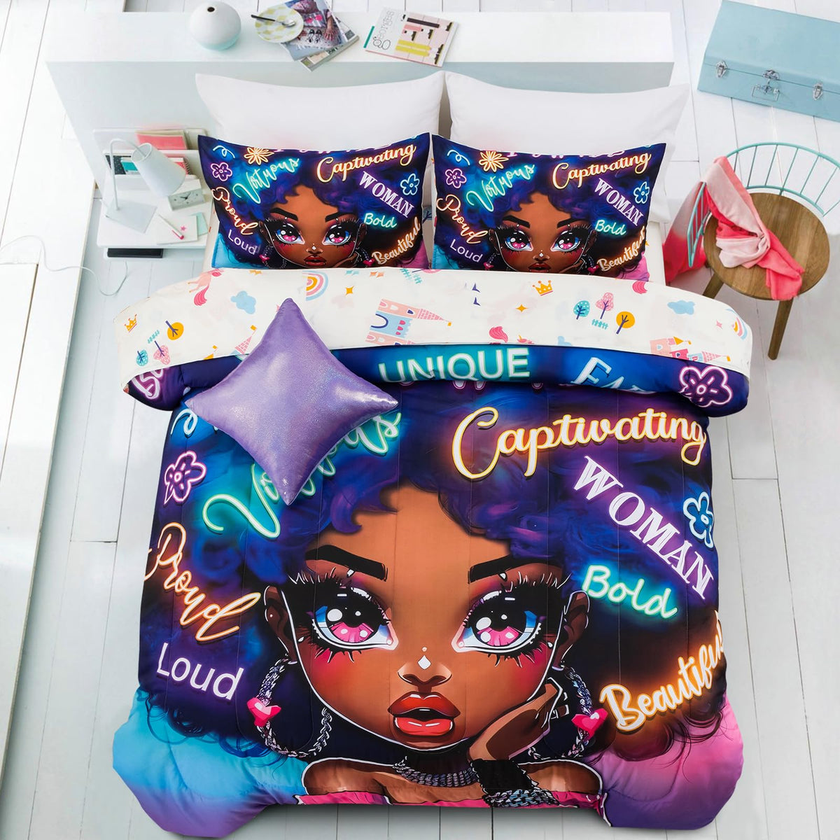 A Nice Night 6Pcs Comforter Sets,Black Girl With Fashionable Attire Printing, Printed With Letters Background Kids Bedding Set,F