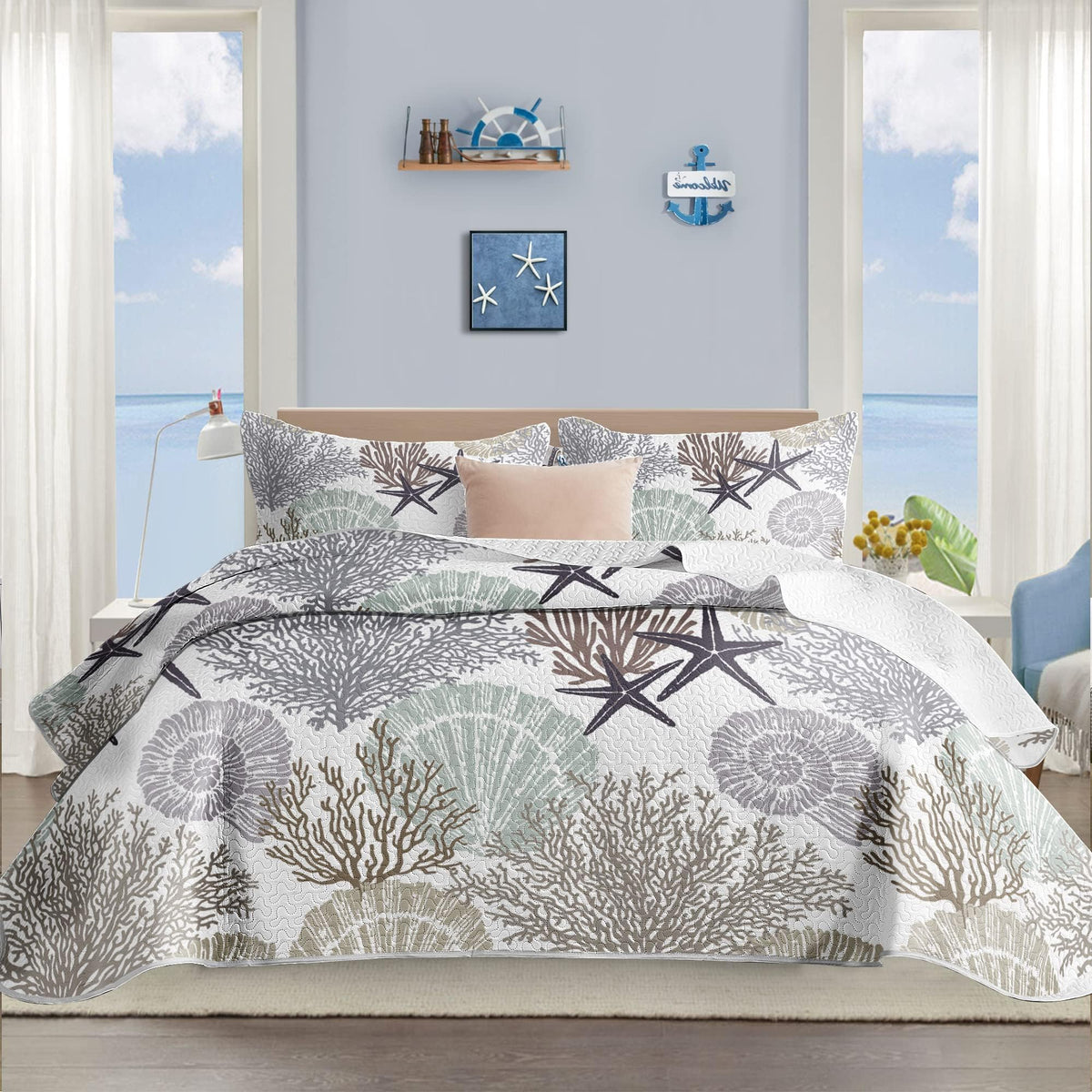 Tritard 3 Piece Coastal Quilt Sets Full/Queen Size - Reversible Microfiber Quilts With 2 Shams Soft Lightweight Beach Bedding Na
