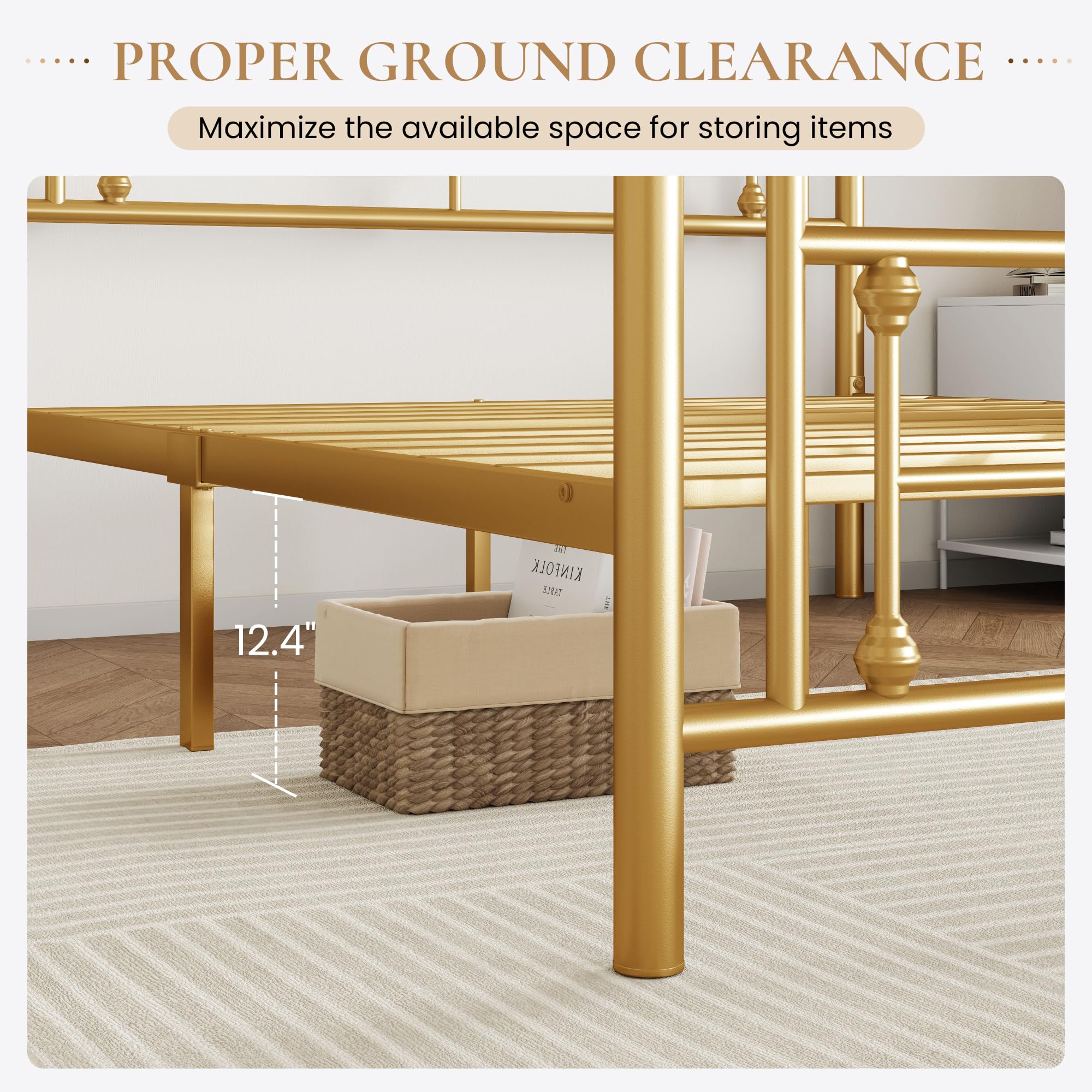 Sha Cerlin 14 Inches Full Size Metal Platform Bed Frame/Vintage Iron-Art Headboard And Footboard/Mattress Foundation For Storage/No Box Spring Needed/Noise-Free/Easy Assembly/Gold