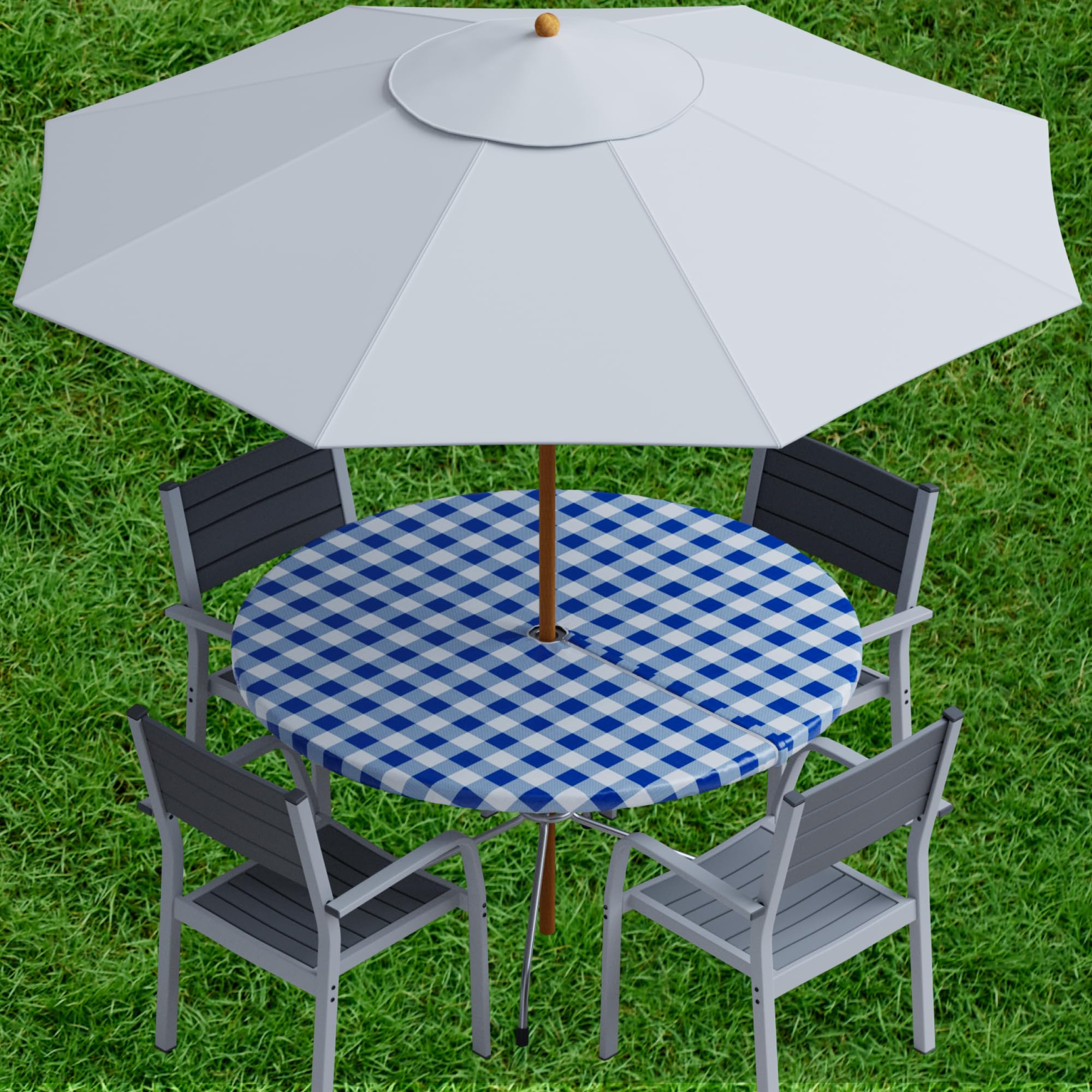 Sorfey Vinyl Umbrella Round Fitted Tablecloth Cover, Checkered Design, Flannel Backed Lining 54 Inch, Blue