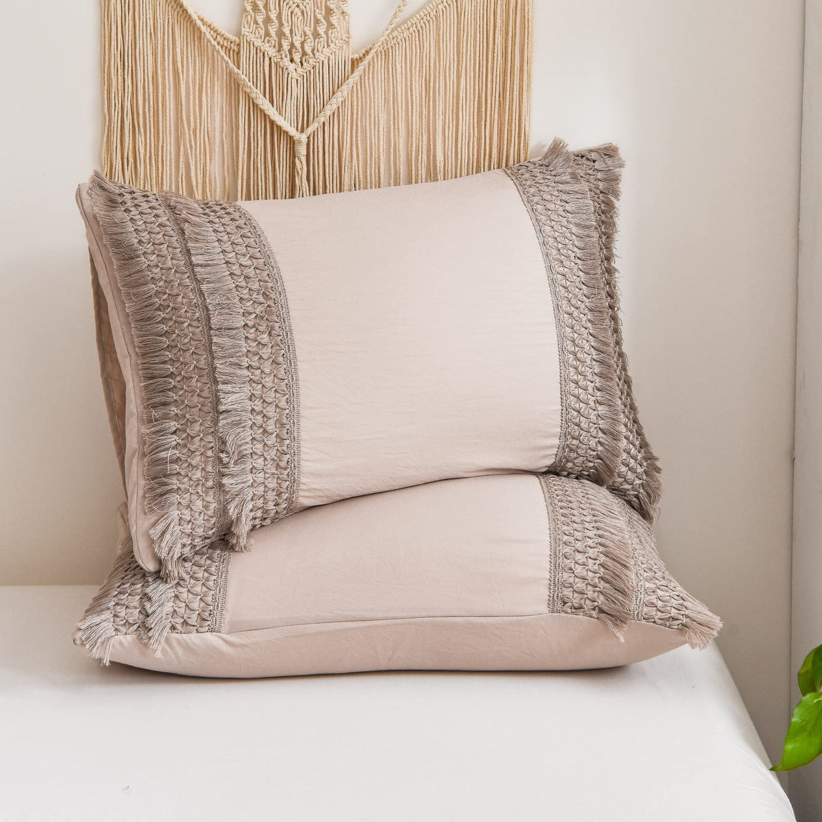 Taupe Pillowcases, Khaki Macrame Tassel Pillow Cases Set Of 2, Soft Washed Microfiber, Taupe Decor Tassel Boho Pillow Cover, 2 P