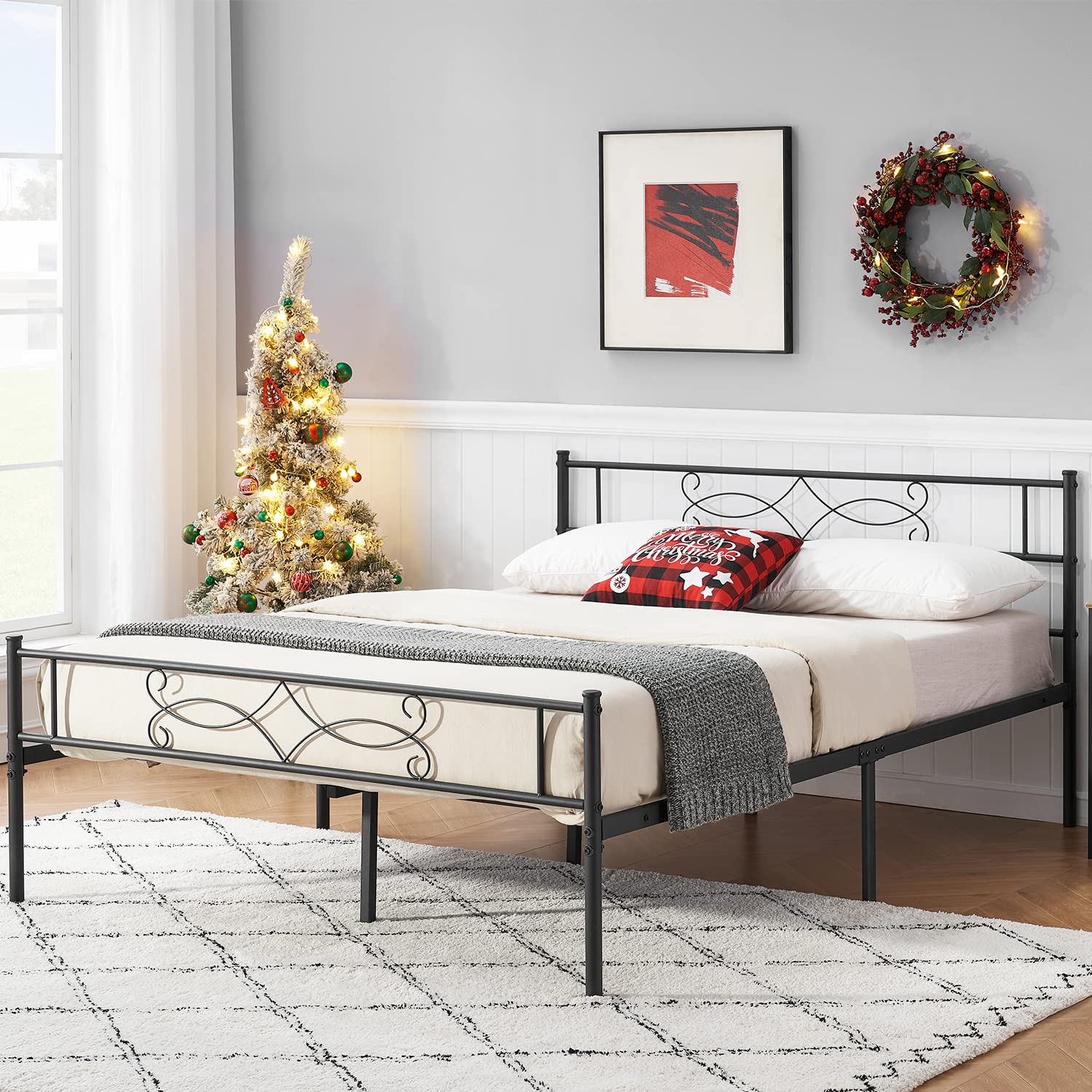 Vecelo 14' Metal Platform Bed Frame With Headboard,Premium Steel Slat Support No Box Spring Needed,Noise-Free Anti-Slip,Easy Assembly(Queen Size)