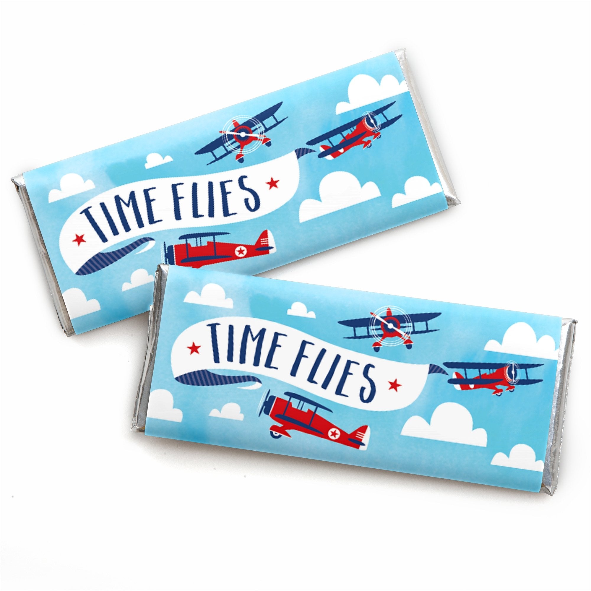 Big Dot of Happiness Taking Flight - Airplane Candy Bar Wrapper Vintage Plane Baby Shower or Birthday Party Favors Set 24