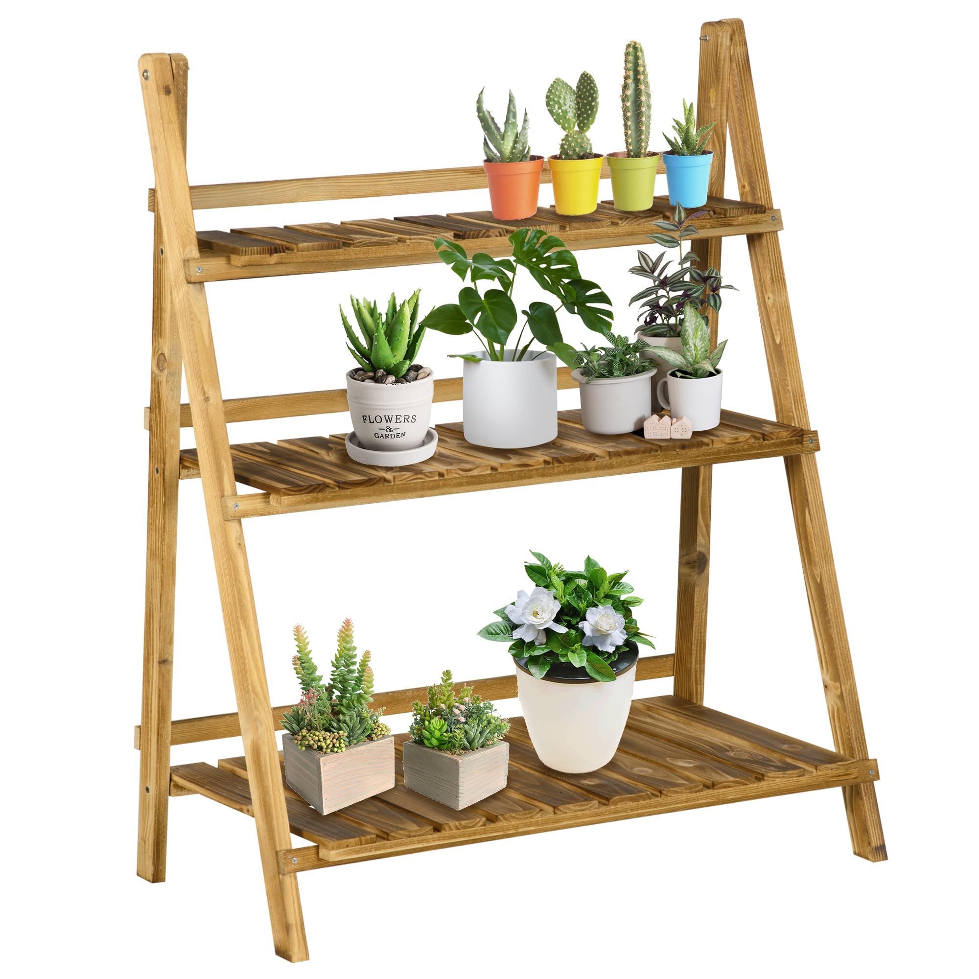 Outsunny 3-Tier Folding Plant Stand, 32' X 15' Wooden Indoor Plant Shelf Display Stand, For Corner Balcony Garden Patio