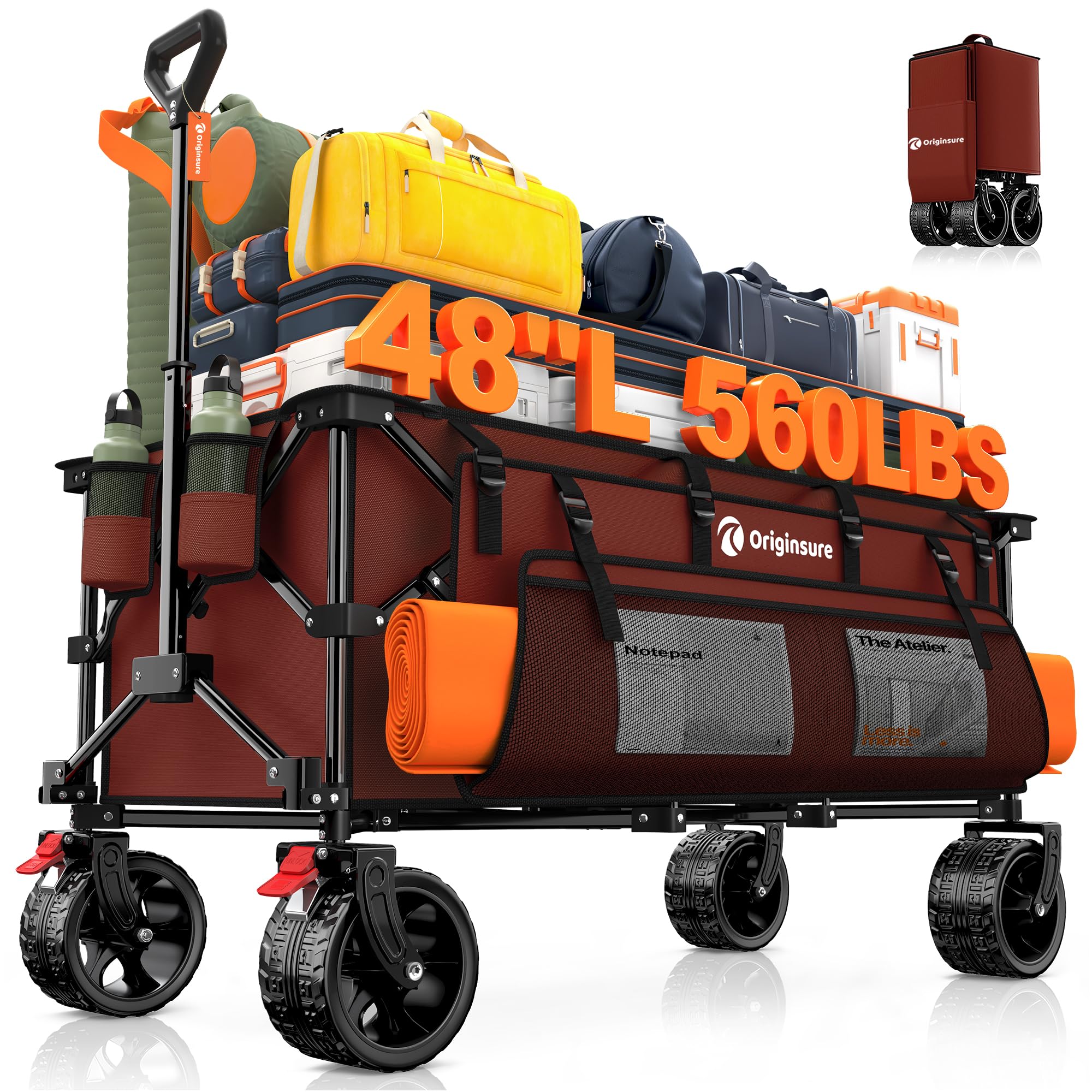 48 L Collapsible Wagon Cart Foldable, 560lbs Weight Capacity 300L Heavy Duty Folding Beach Wagons with Big All-Terrain Wheels, U