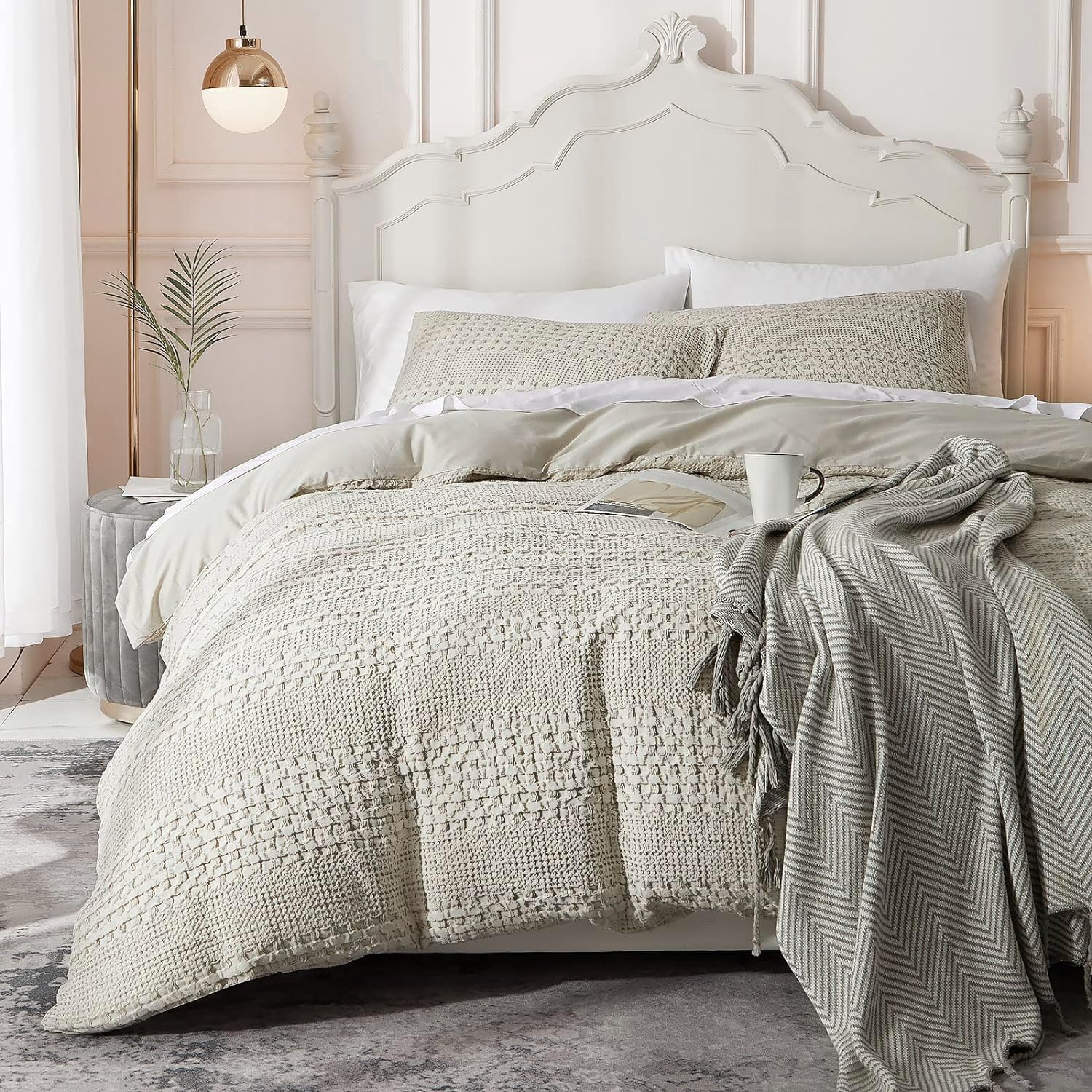 Ivellow Waffle Duvet Cover 100% Cotton Queen Duvet Cover Textured Khaki Duvet Cover Cozy Soft Breathable Skin-Friendly Luxury Be