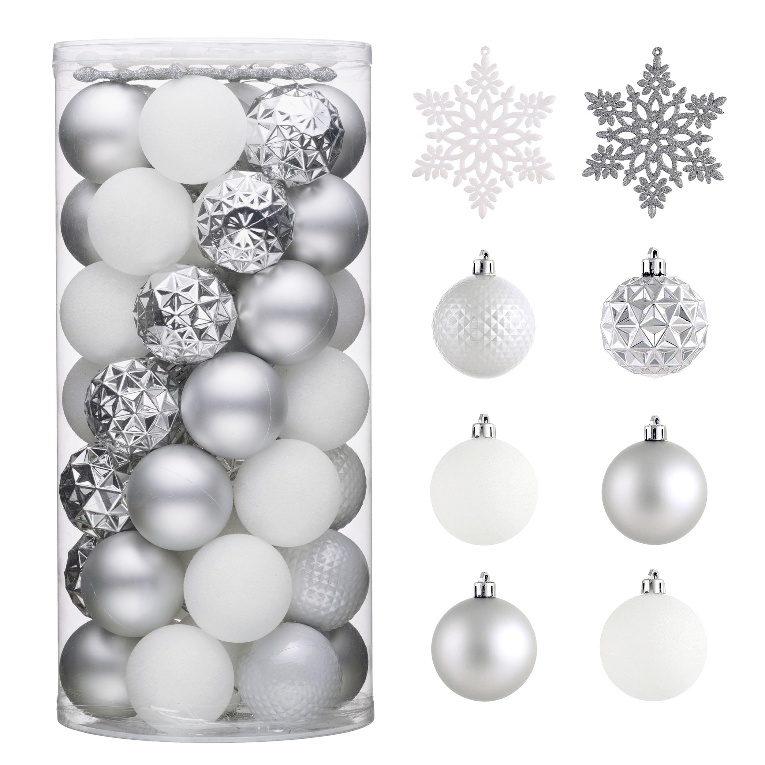 Valery Madelyn Christmas Tree Decorations Ornament Set for Fall Halloween Decor, 50ct White and Silver Shatterproof Christmas Ba