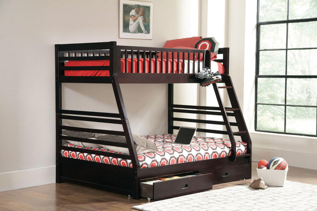 Coaster Home Furnishings Ashton Transitional Wood Twin Over Full Size Bunk Bed Frame with Ladder and Guardrails with Two Storage Drawers Fully Slatted Mattress Ready Foundation Cappuccino 460184