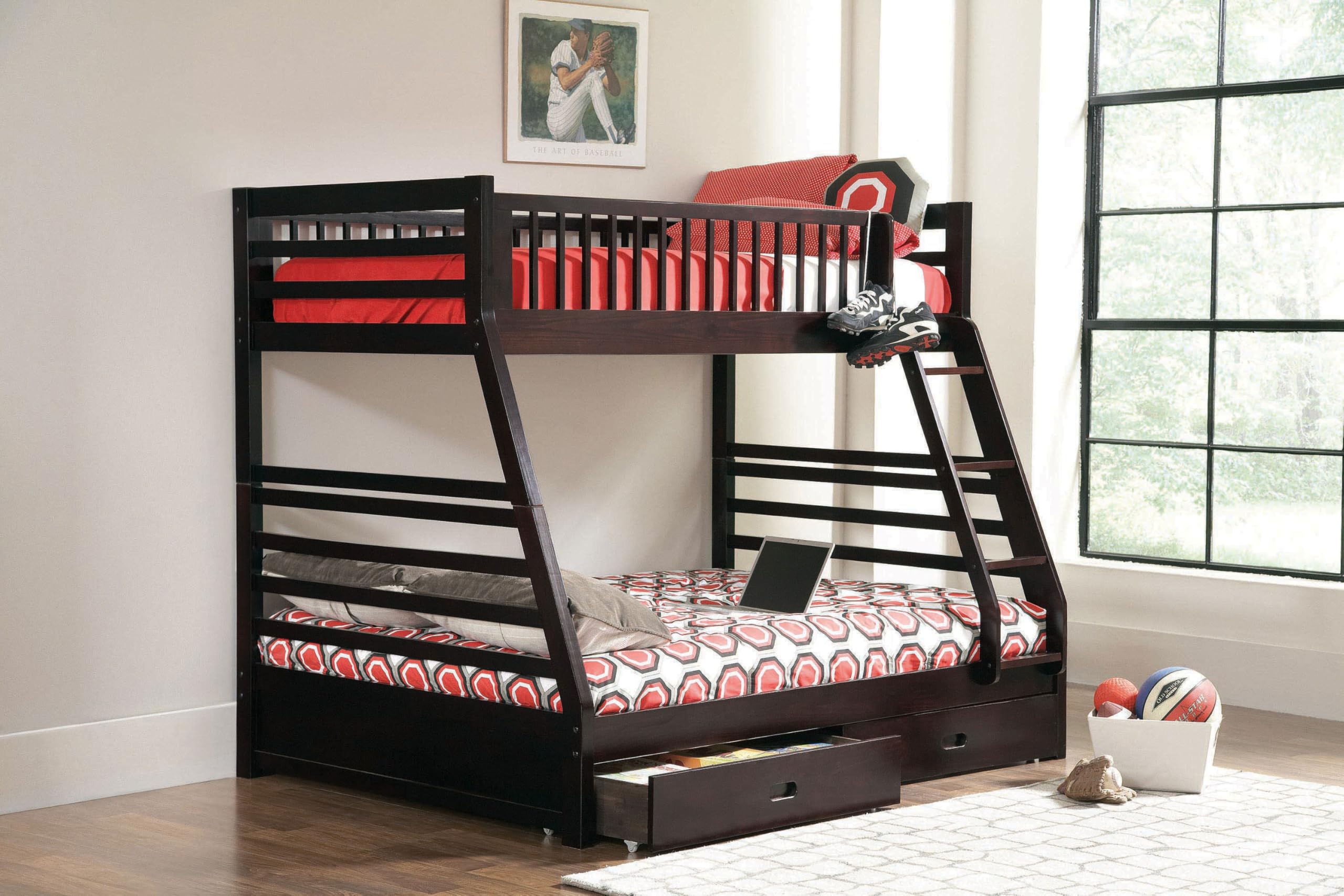 Coaster Home Furnishings Ashton Transitional Wood Twin Over Full Size Bunk Bed Frame with Ladder and Guardrails with Two Storage Drawers Fully Slatted Mattress Ready Foundation Cappuccino 460184