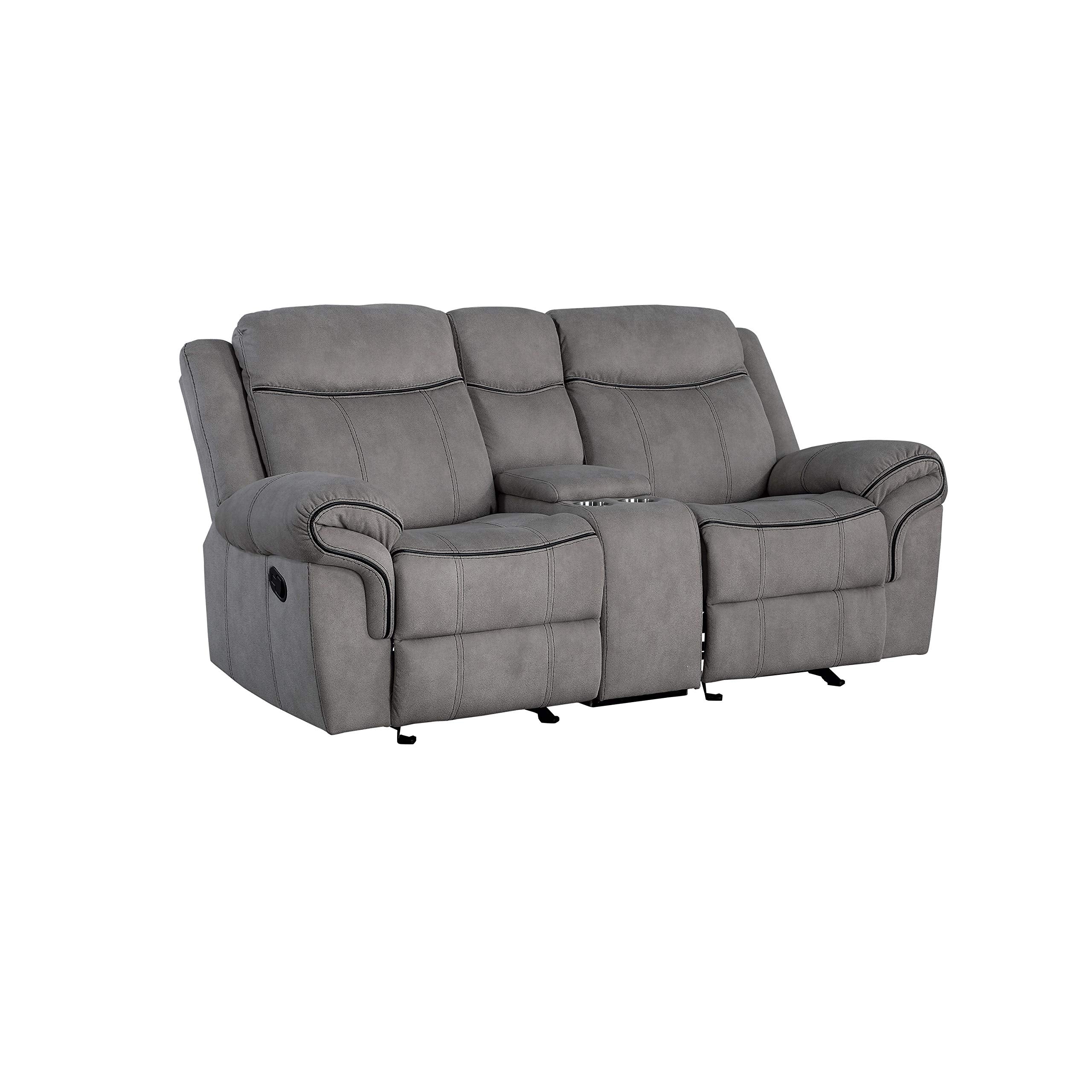 Benjara Fabric Upholstered Metal Reclining Loveseat With Center Console, Gray