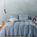Jellymoni Pinstriped 100% Washed Cotton Linen Like Duvet Cover Set, 3Pcs Bedding Set With Buttons Closure, Blue With White Verti