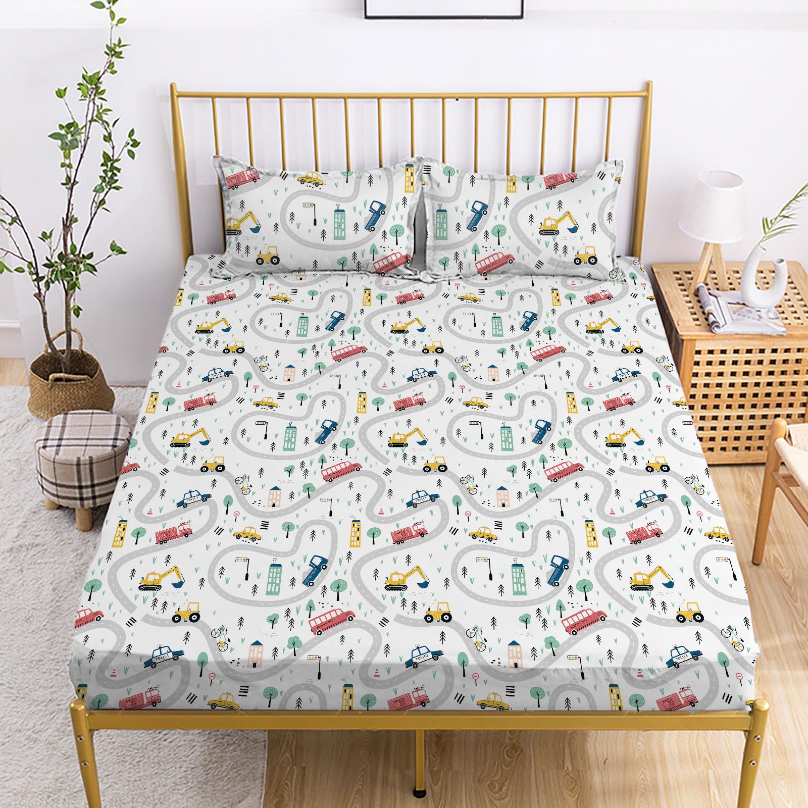 Yasida Car Sheet Sets for Kids Cute Cartoon Truck Bed Queen Size Fitted Sheets Boys 3D Plants Print Bedding Set Soft Microfiber 