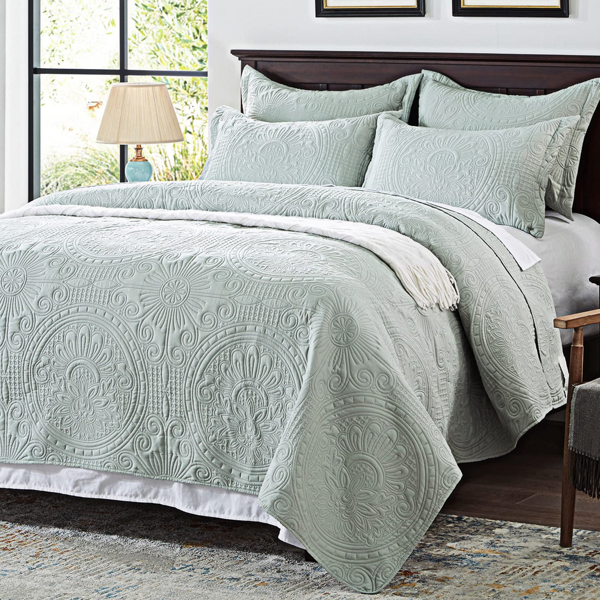 Anluoer Quilt Queen Size Bedding Set-Sage Green Embossed, Bedspreads-Lightweight Summer Soft Microfiber Bedspread, Bed Coverlet 
