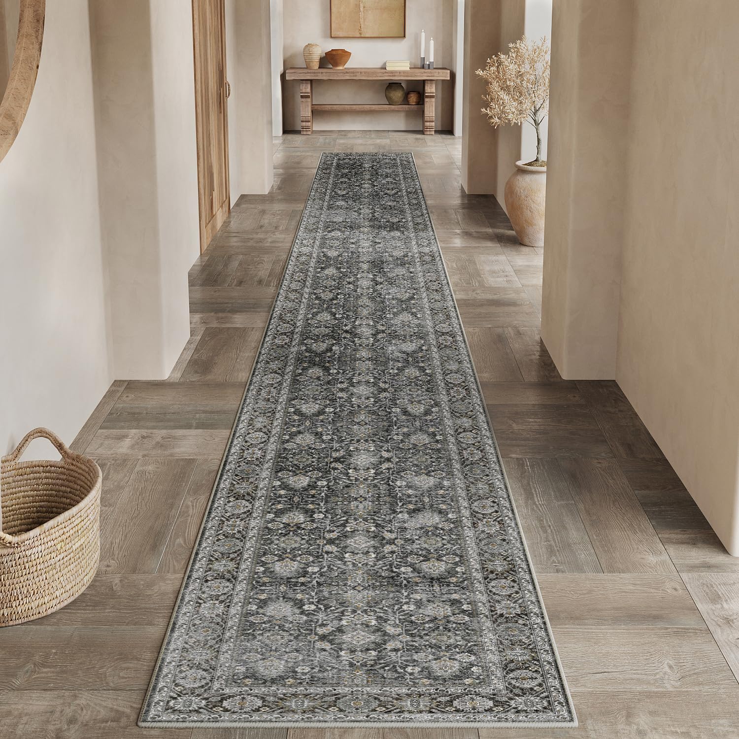 PureCozy Black Runner Rug 3x12 Vintage Area Carpet Hallway Long Indoor Kitchen Washable Living Room Low Pile Traditional Distres