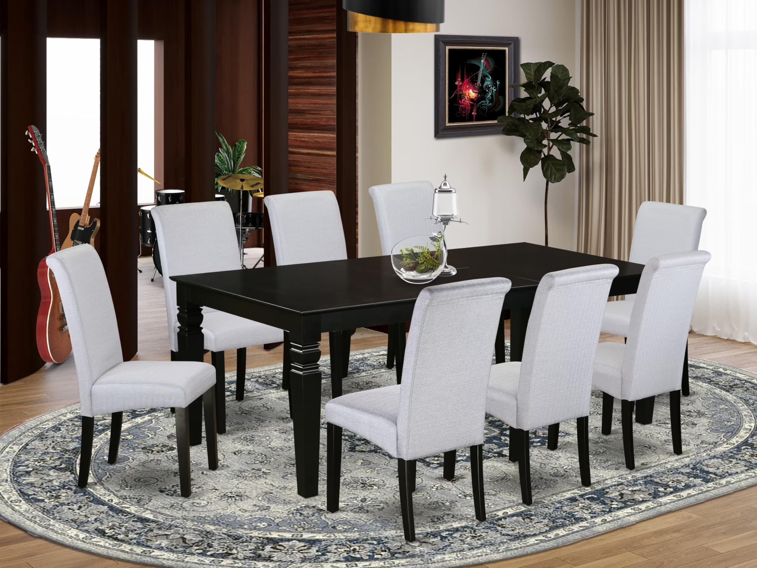 East West Furniture LGBA9-BLK-05 9 Piece Dining Room Furniture Set Includes a Rectangle Wooden Table with Butterfly Leaf and 8 Grey Linen Fabric Parsons Chairs, 42x84 Inch, Black