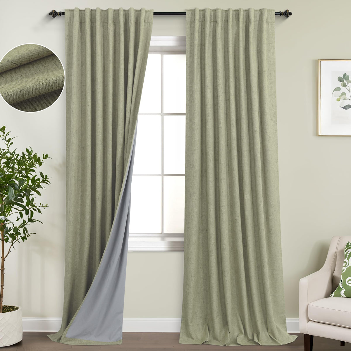 Koufall Sage Green Back Tab Linen Blackout Curtains For Living Room 52 By 96 Inch Length