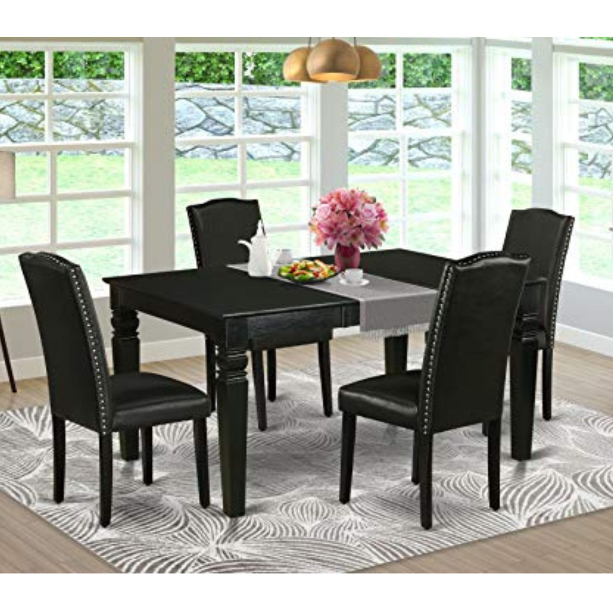 East West Furniture Ween5-Blk-69 5 Piece Modern Dining Table Set Includes A Rectangle Wooden Table With Butterfly Leaf And 4 Black Faux Leather Parsons Dining Chairs, 42X60 Inch, Black