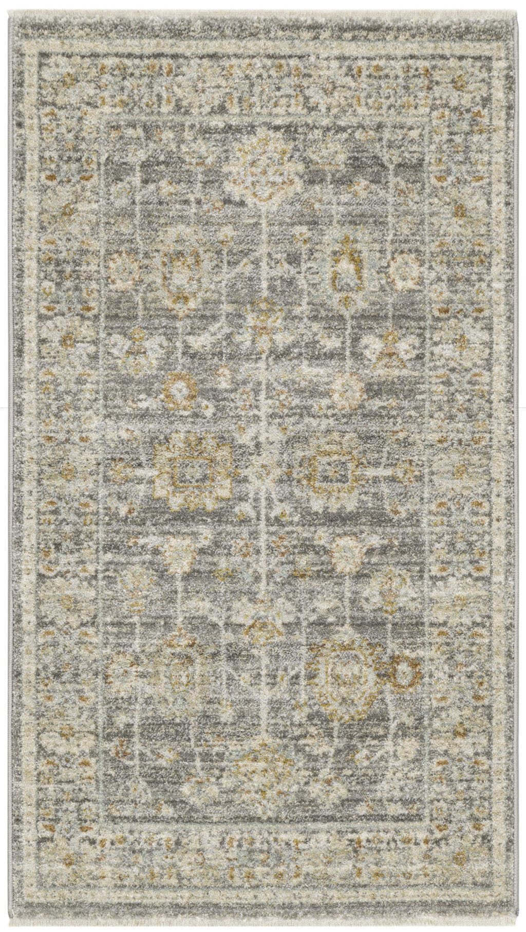 HomeRoots 533468 3 x 5 ft. Oriental Power Loom Distressed Area Rug with Fringe Beige Ivory & Gray