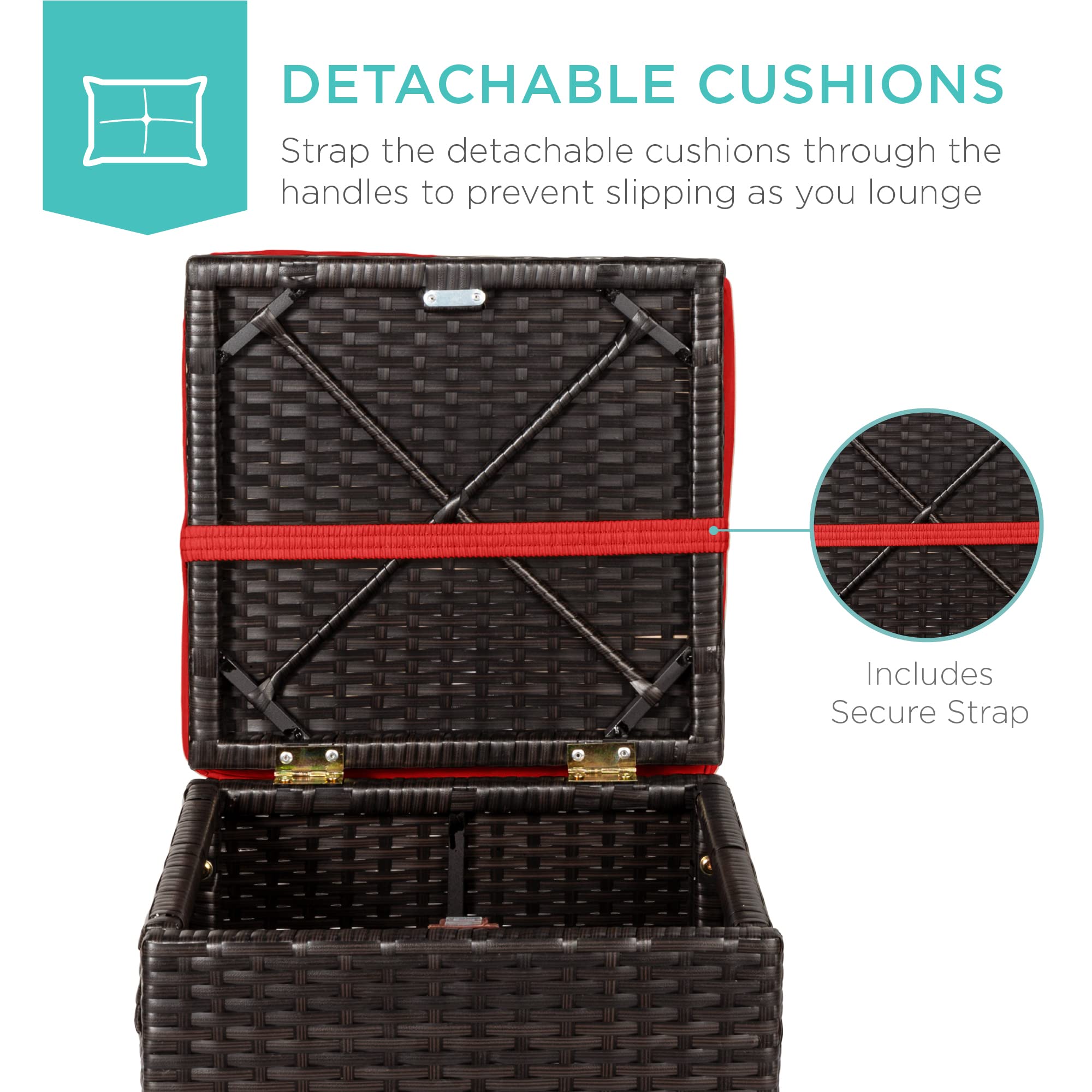 Best Choice Products Set Of 2 Wicker Ottomans, Multipurpose Outdoor Furniture For Patio, Backyard, Additional Seating, Footrest, Side Table W/Storage, Removable Cushions - Red/Brown
