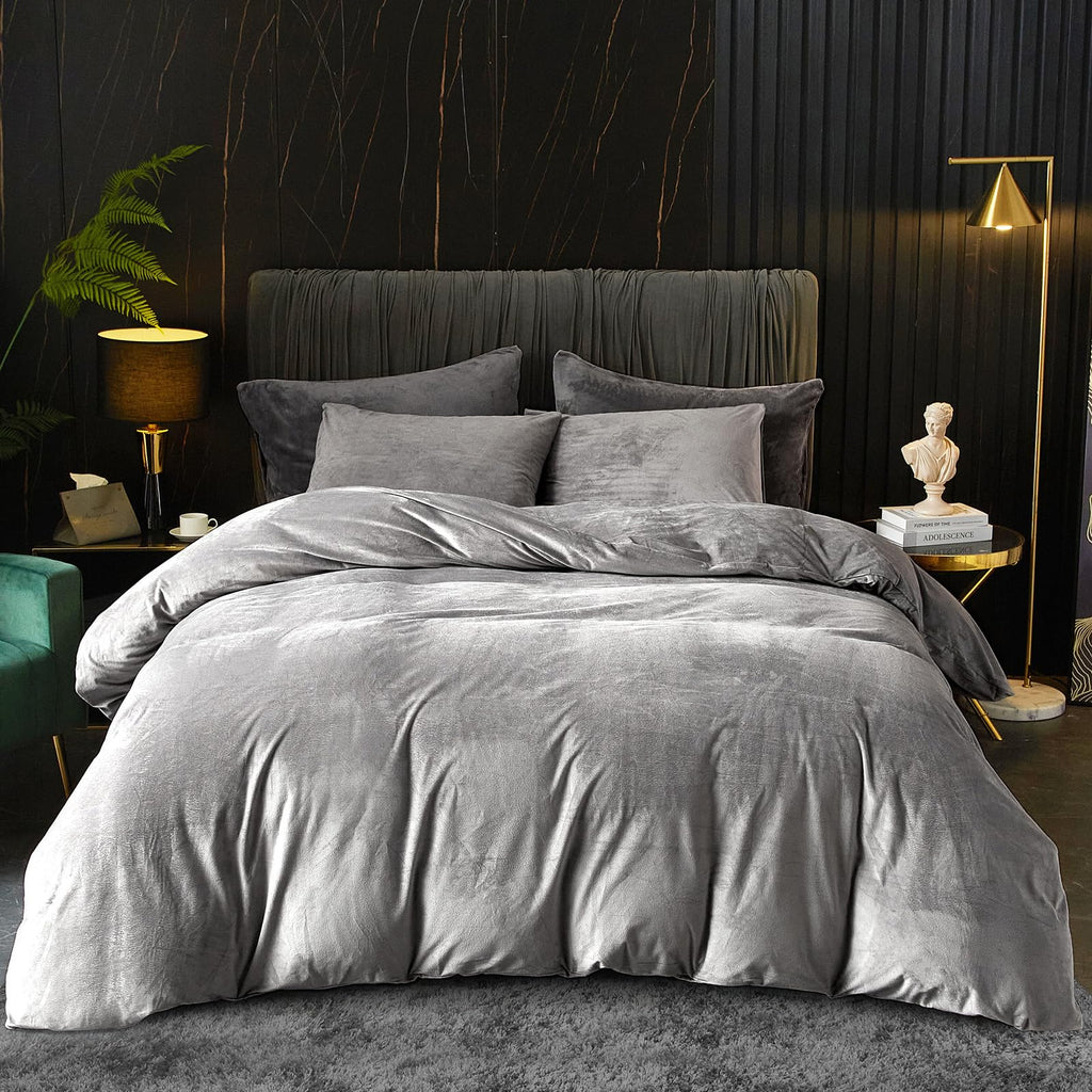 Ivellow Velvet Flannel Duvet Cover King Size Smoky Gray Duvet Cover King Velvet Comforter Cover Set Ultra Soft Breathable Cozy V