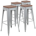 30 High Metal Indoor Bar Stool with Wood Seat in Silver - Stackable Set of 4