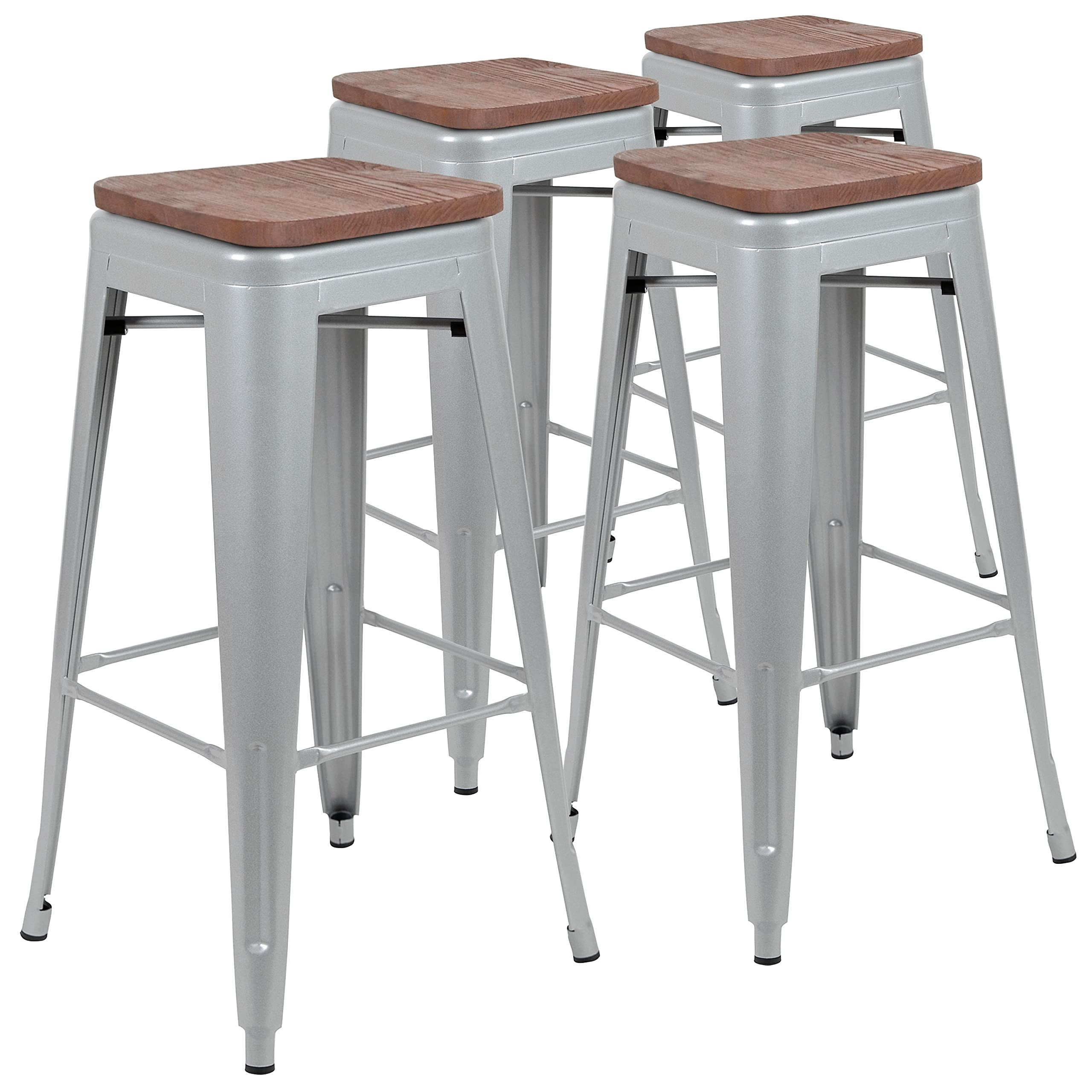 30 High Metal Indoor Bar Stool with Wood Seat in Silver - Stackable Set of 4