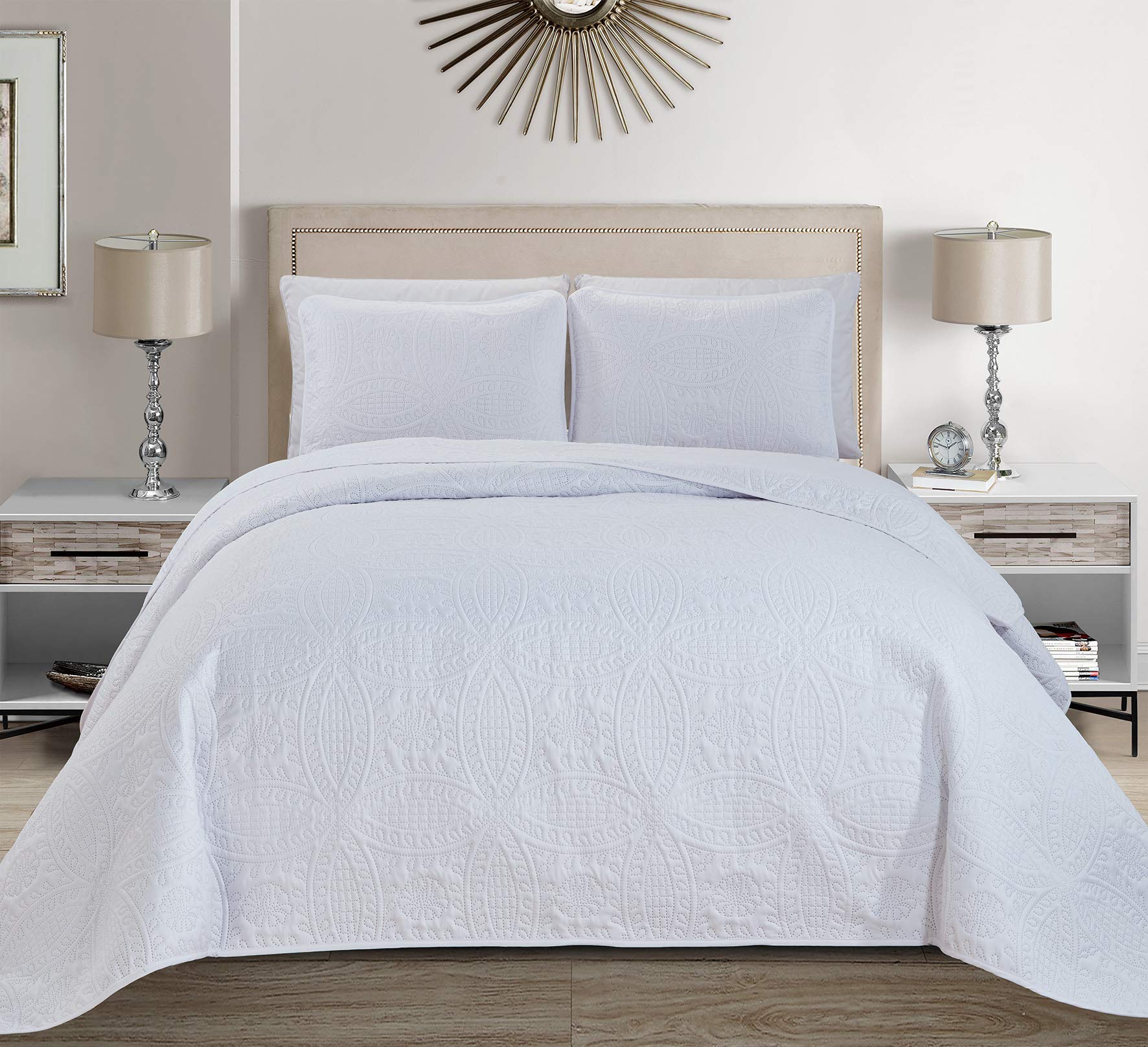 Mk Home Mk Collection 3Pc King/California King Solid Embossed Bedspread Bed Cover Over Size White 118' X 106' New