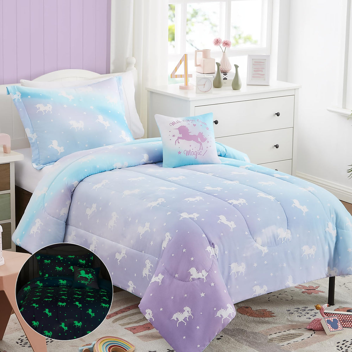 Kaleido Space Kaleidospace Kids Twin Comforter Sets For Girls, Glow In The Dark Unicorn Bedding Sets -3 Pieces Lightweight Bed I
