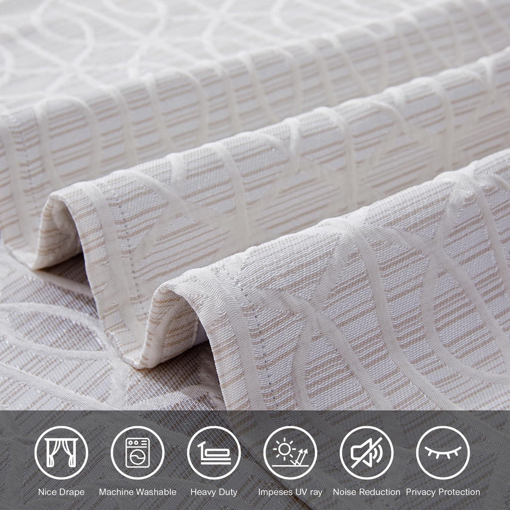 Cream And Silvery 100% Blackout Curtains 84 Inch Length 2 Panels, Jacquard Thermal Insulated Noise Reducing Grommet Drapes For B