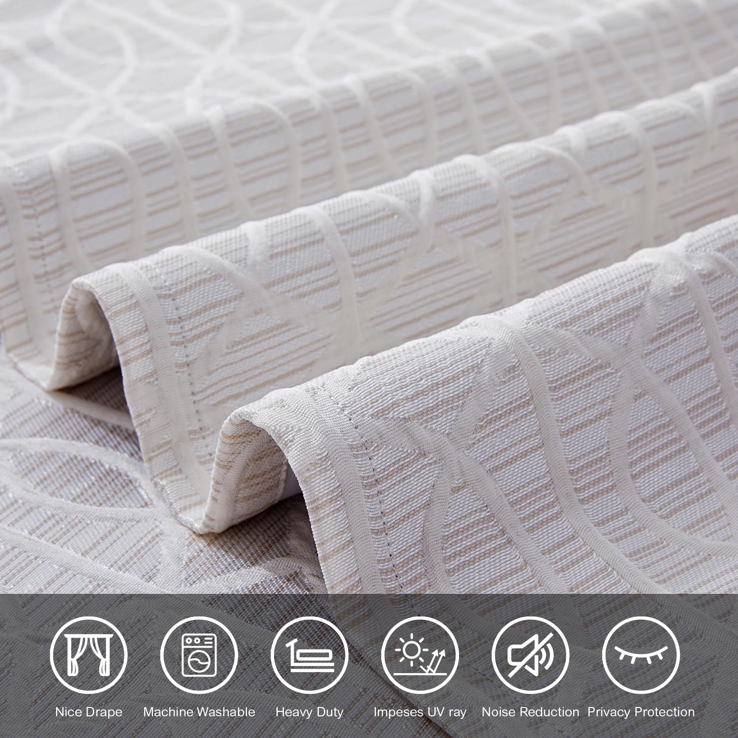 Cream And Silvery 100% Blackout Curtains 84 Inch Length 2 Panels, Jacquard Thermal Insulated Noise Reducing Grommet Drapes For B