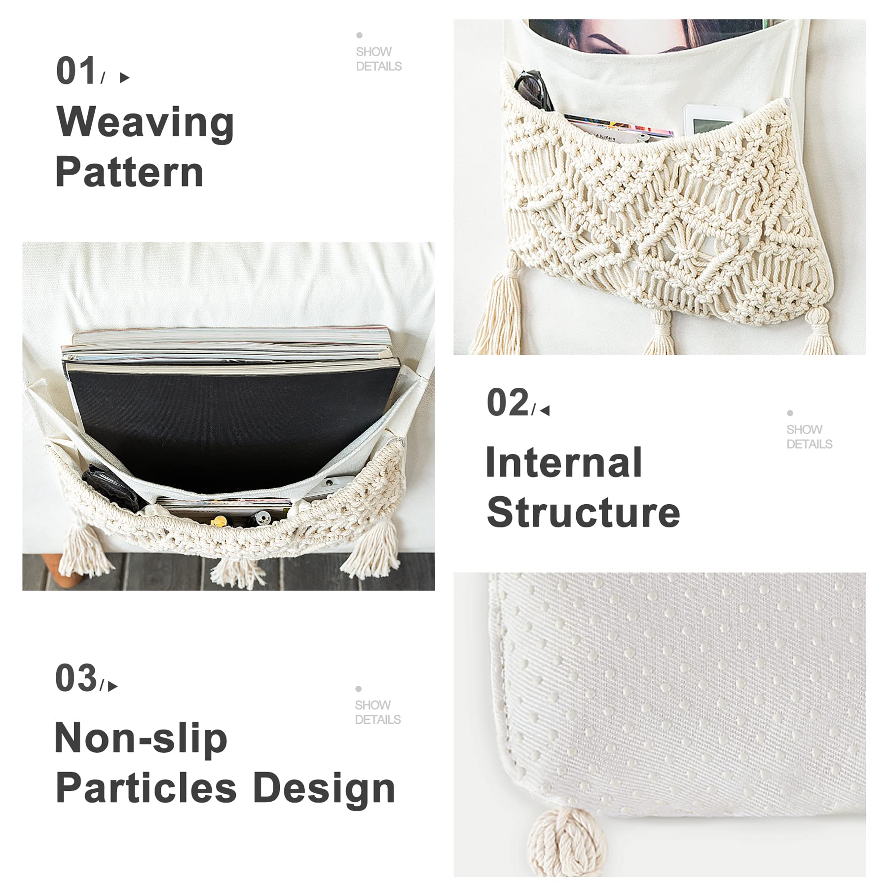 Mkono Macrame Sofa Armrest Organizer Remote Control Holder Couch Bedside Armchair Caddy Storage Basket Bag For Tv Remote Control