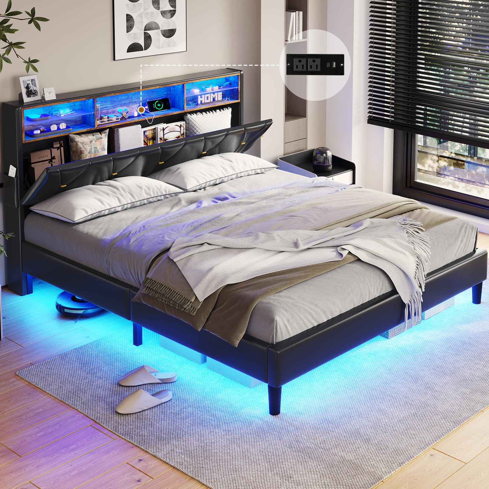 BTHFST Queen Bed Frame with LED Lights & Charging Station,LED Bed Frame Queen Size with Storage Shelf Headboard,Faux Leather Uph