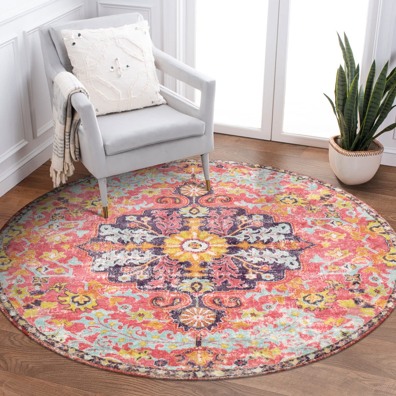 Lahome Bohemian Floral Medallion Round Rug - 3Ft Small Hot Pink Round Area Rug for Girls Bedroom Nursery Mat, Boho Washable Soft